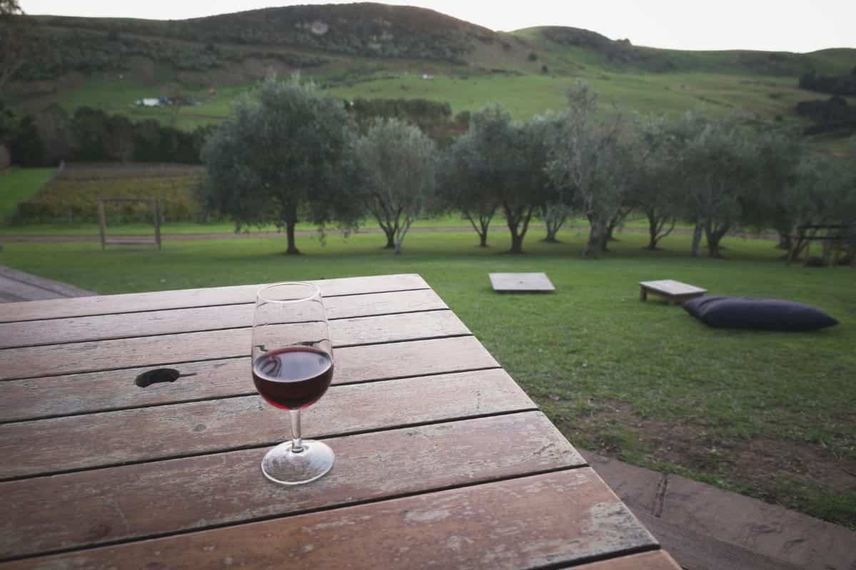 Glass of wine in New Zealand Waiheke Islands over sunset