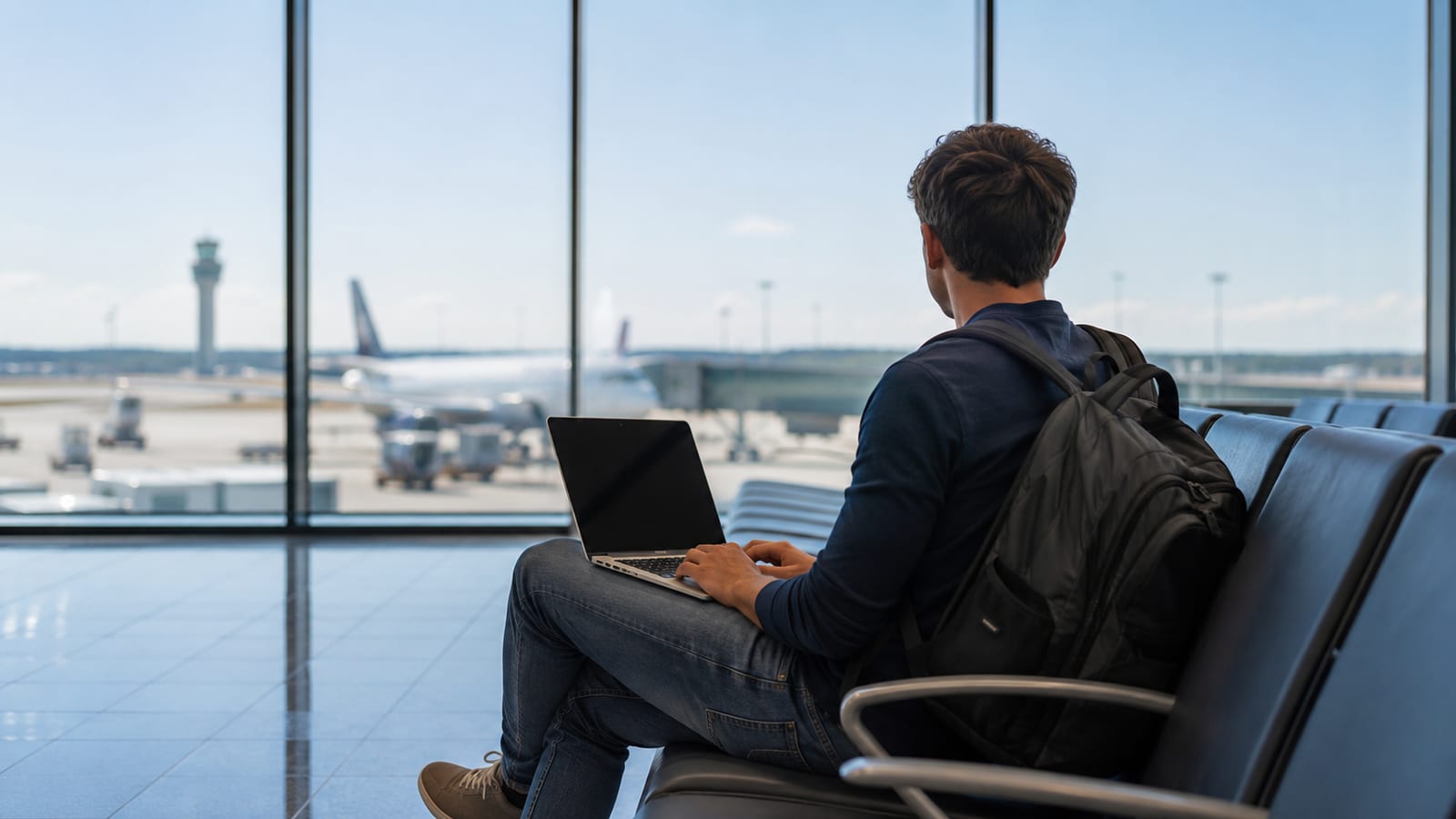 Solo traveler researching flight prices on laptop at airport gate