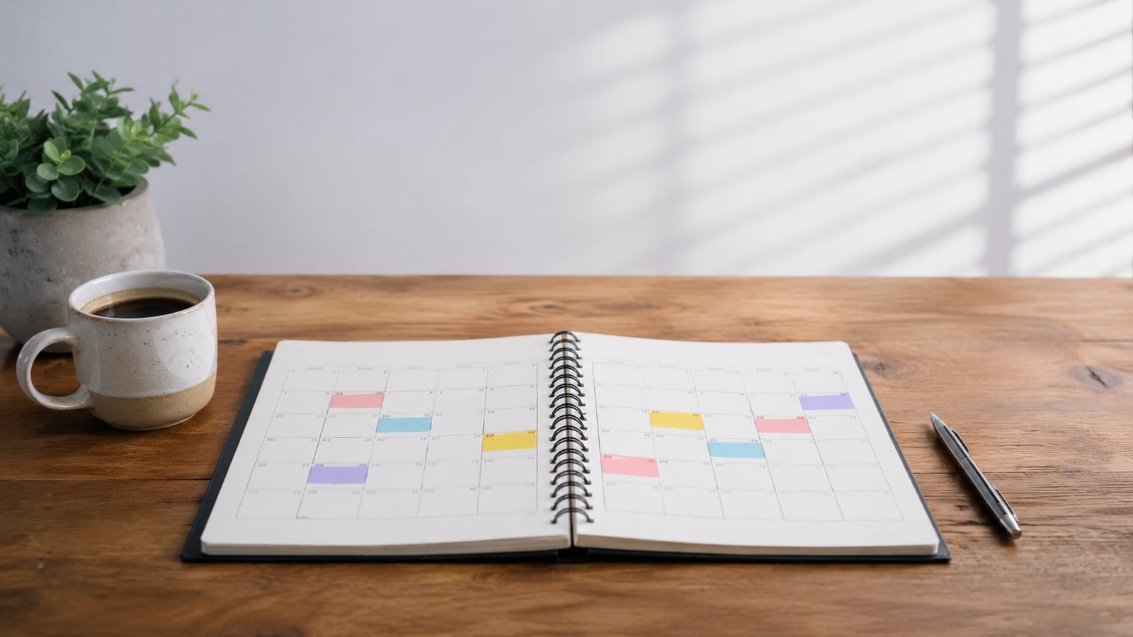 Calendar with highlighted months on desk for travel planning and booking strategy