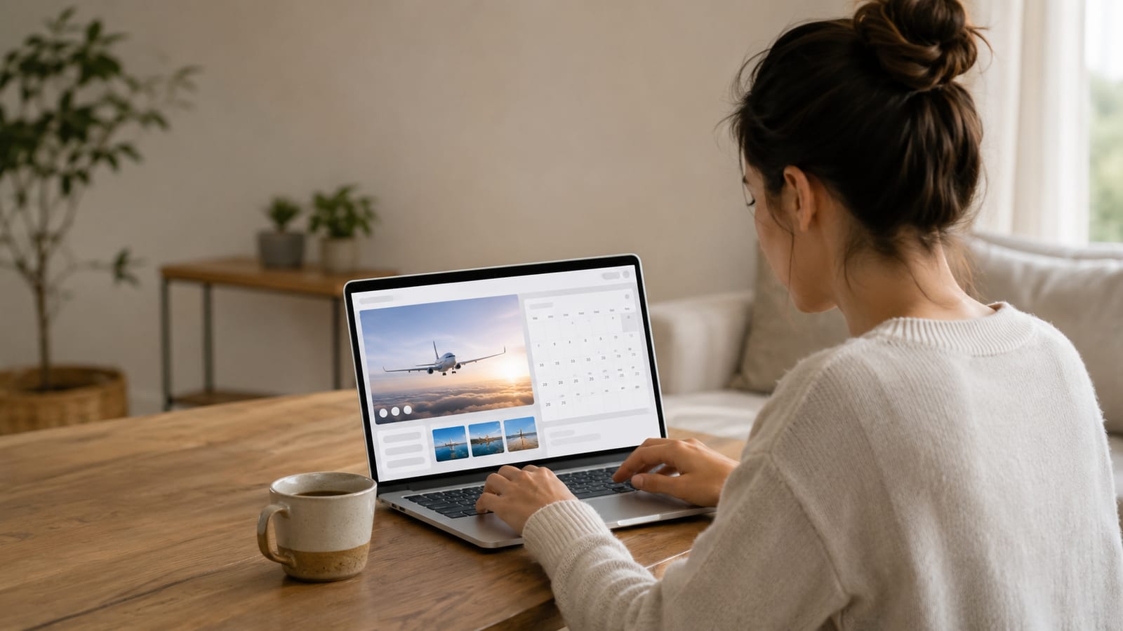 traveler booking flights on laptop with calendar and coffee nearby
