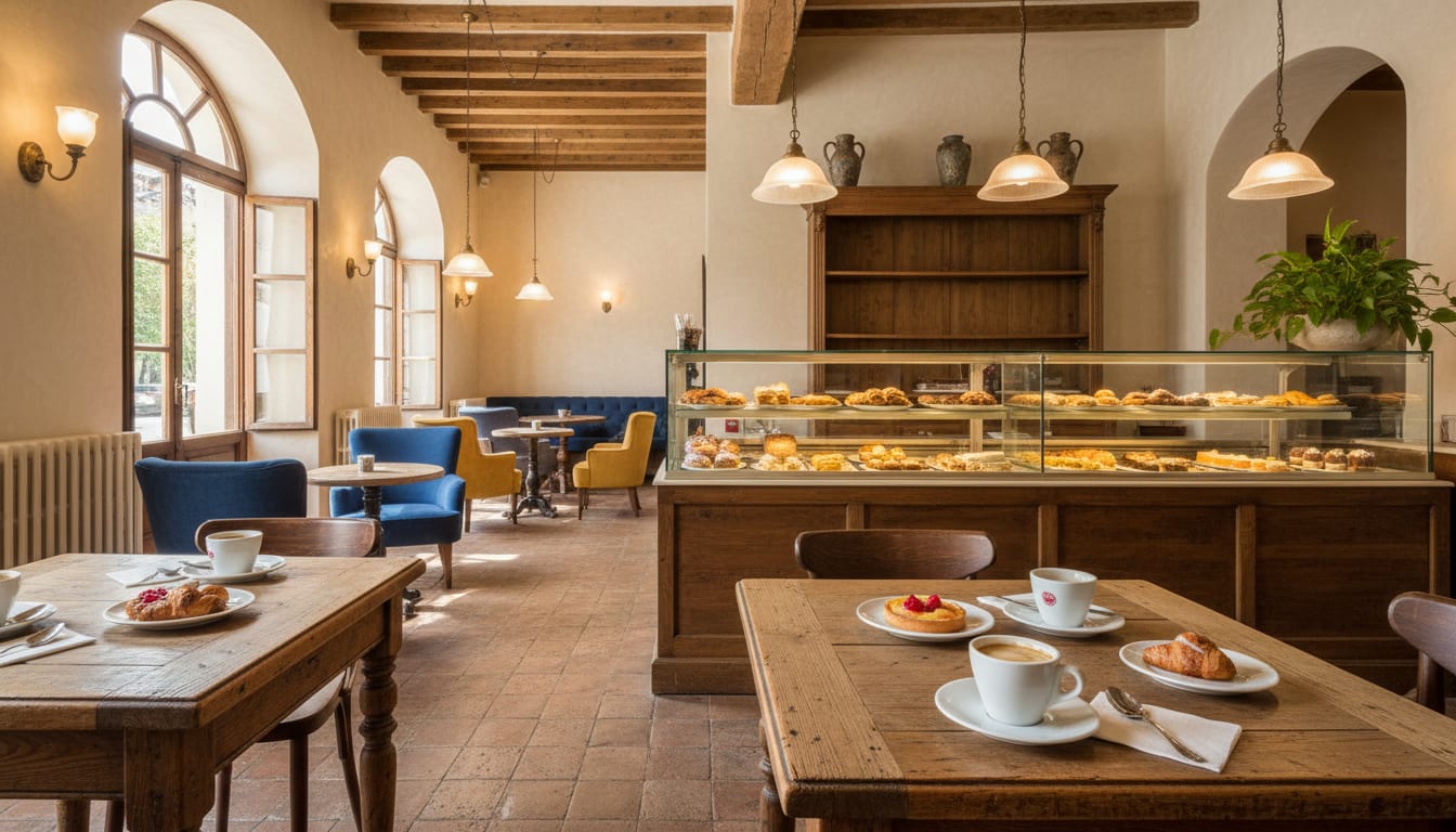 Best Cafes & Coffee in Bratislava, rustic wooden tables with pastries beside a bakery display case