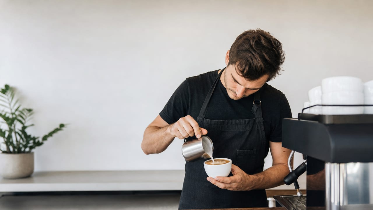 Barista pouring latte art into a white cup, Best Cafes & Coffee in Bratislava