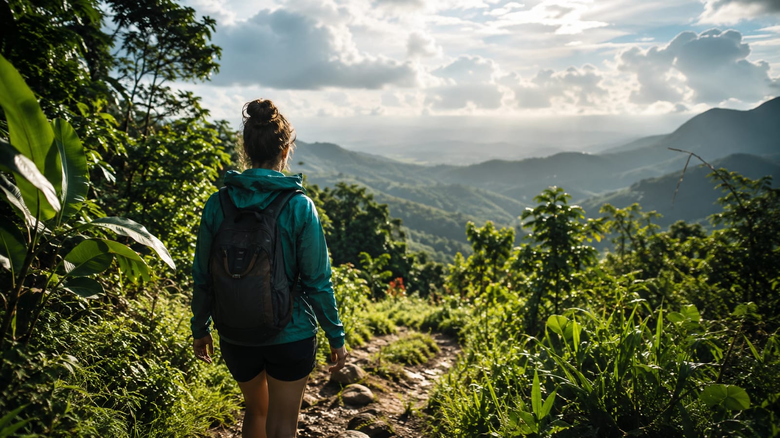 Solo traveler with backpack and rain shell walking a lush tropical trail beneath shifting clouds