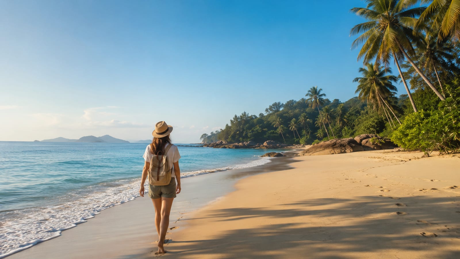 Solo traveler with carry-on backpack walks an uncrowded tropical beach under soft morning light