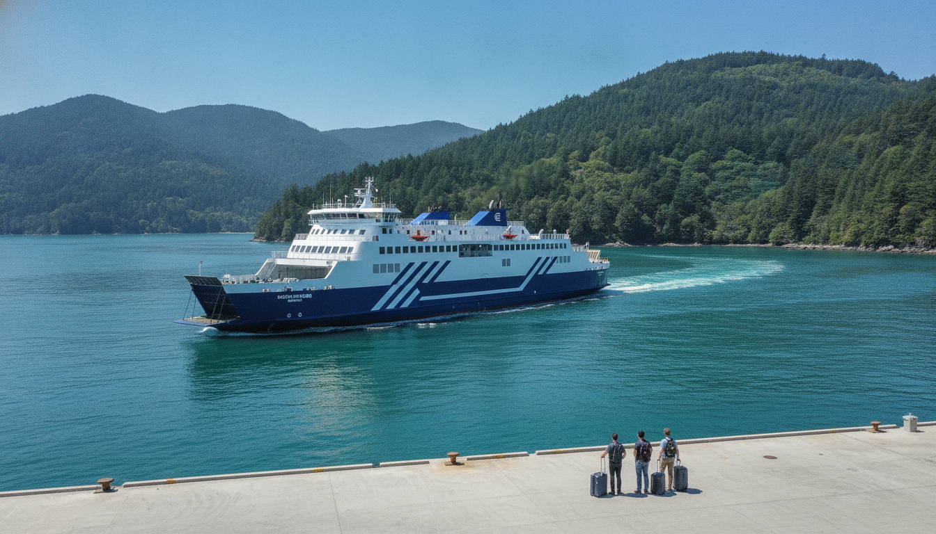 A large passenger and vehicle ferry pulling away from the harbour terminal, forested sounds behind it, travellers with luggage on the quay