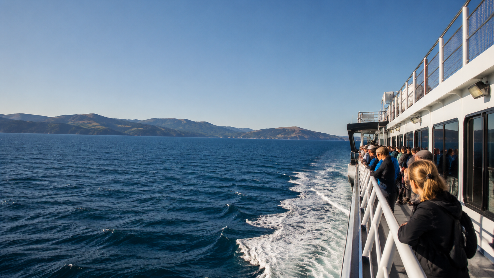 Modern passenger ferry on open water with railings and deck passengers during daytime crossing