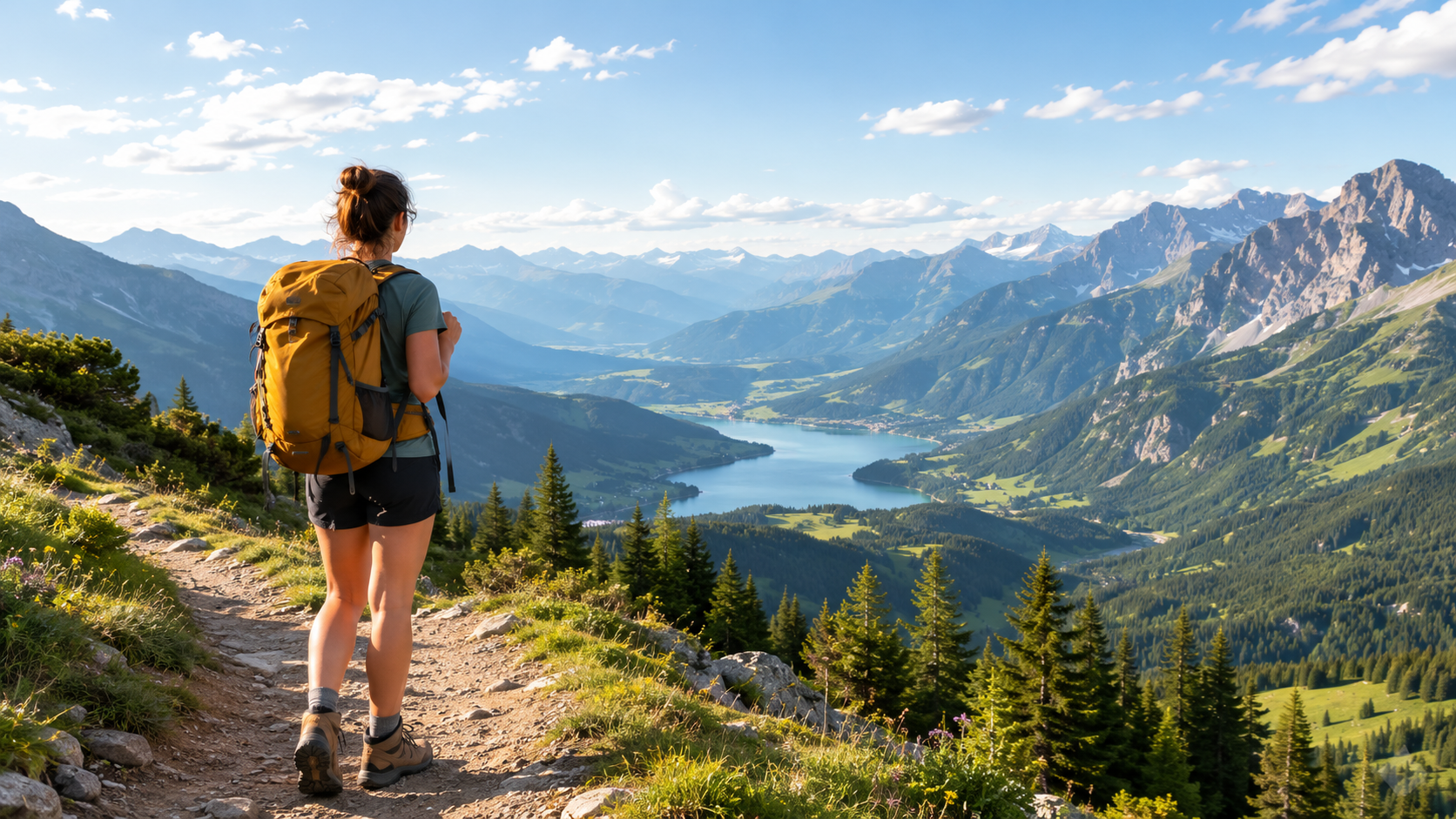Solo hiker with backpack on mountain trail overlooking valley landscape