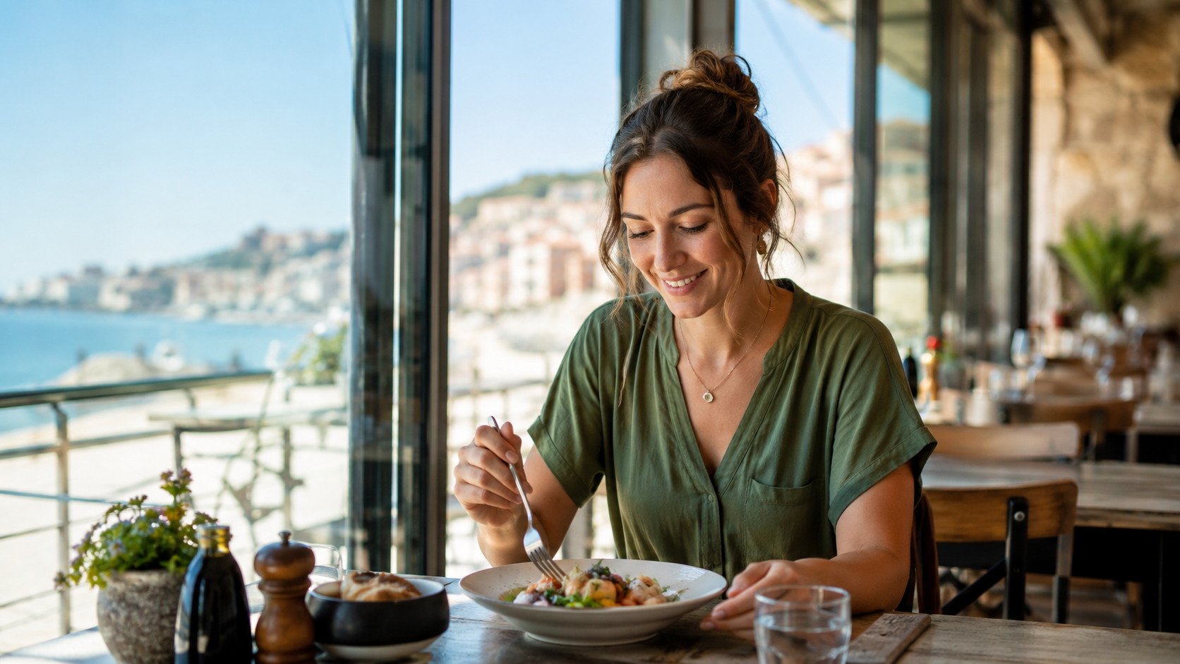 Solo diner enjoying a meal alone at restaurant table with confidence