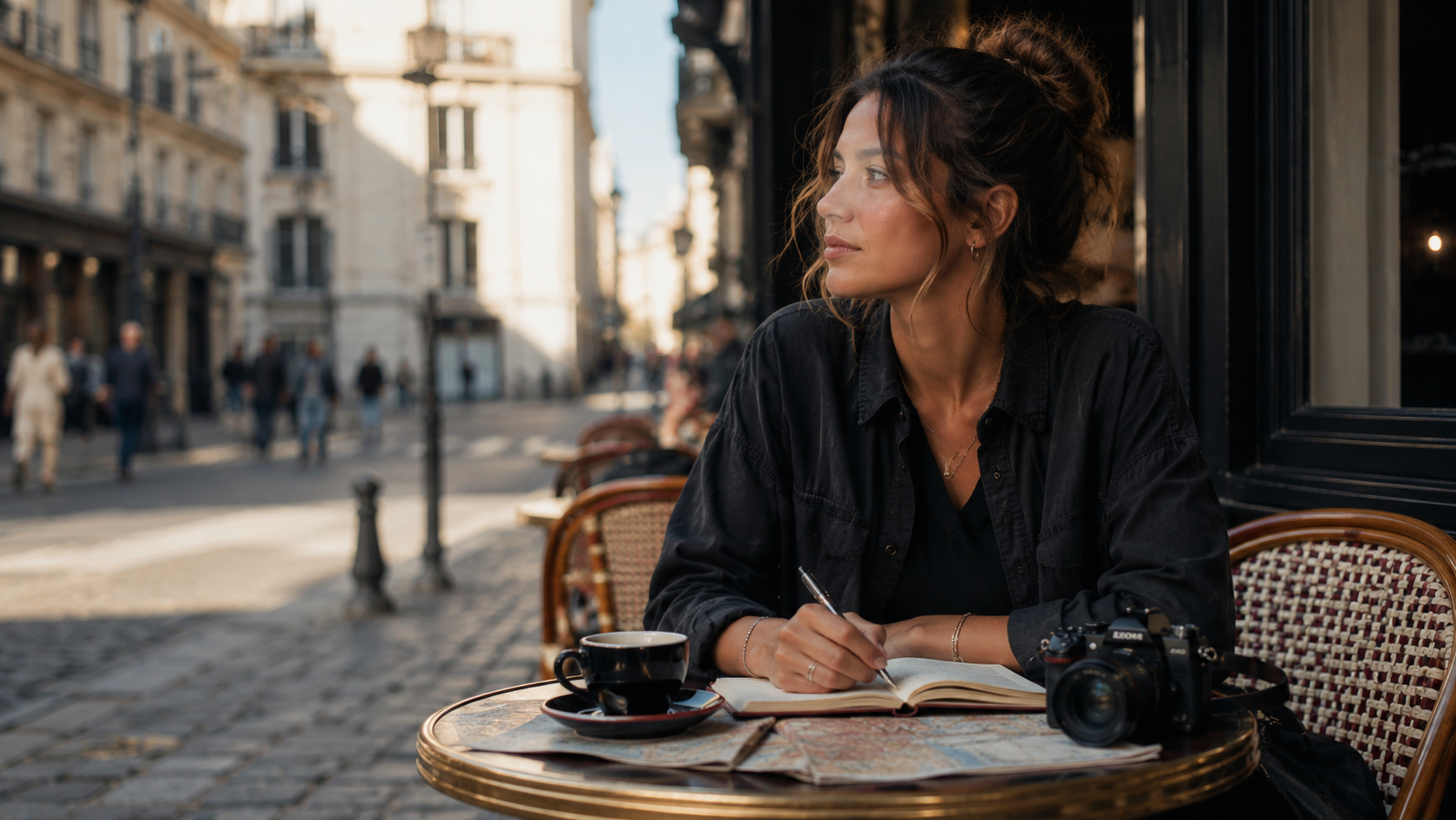 Solo traveler journaling at a café table with coffee and travel map
