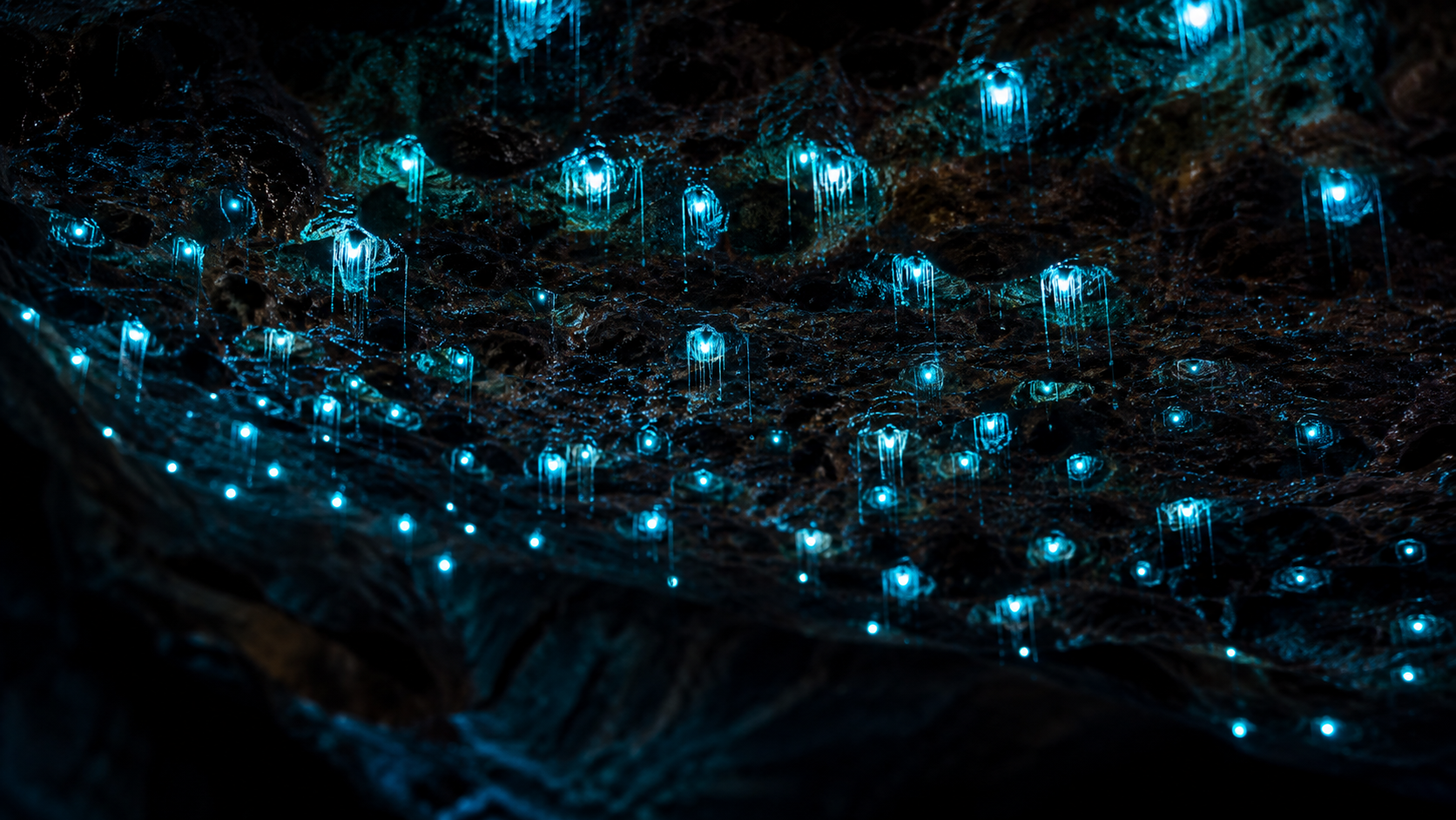 Glowworms emitting blue-green bioluminescent light on dark cave ceiling in underground setting