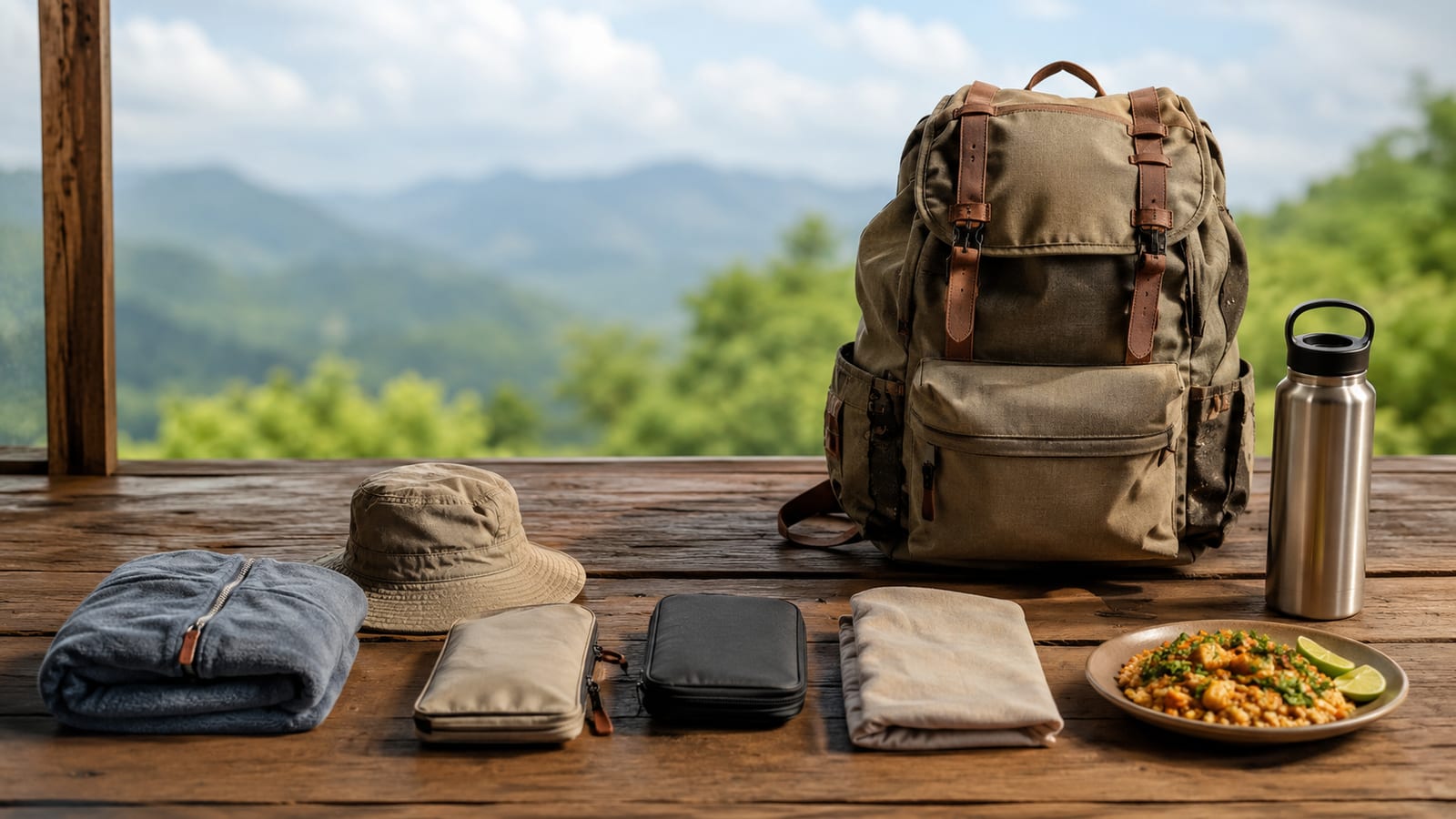 US cities where travel costs $35-$190 a day backpack gear spread on rustic wooden table with mountain backdrop