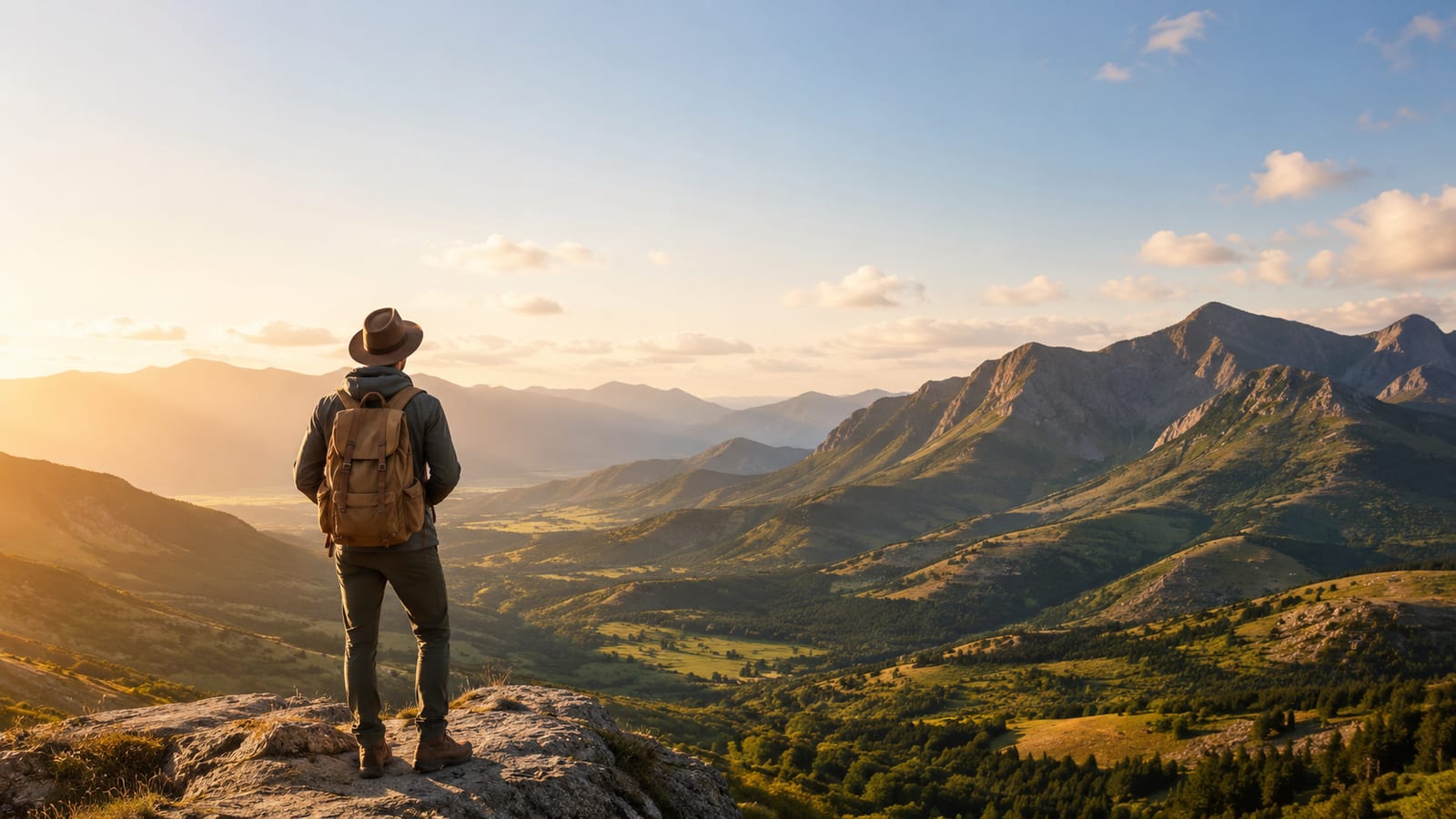 US cities where travel costs $35-$190 a day hiker overlooking vast mountain valley at golden sunset