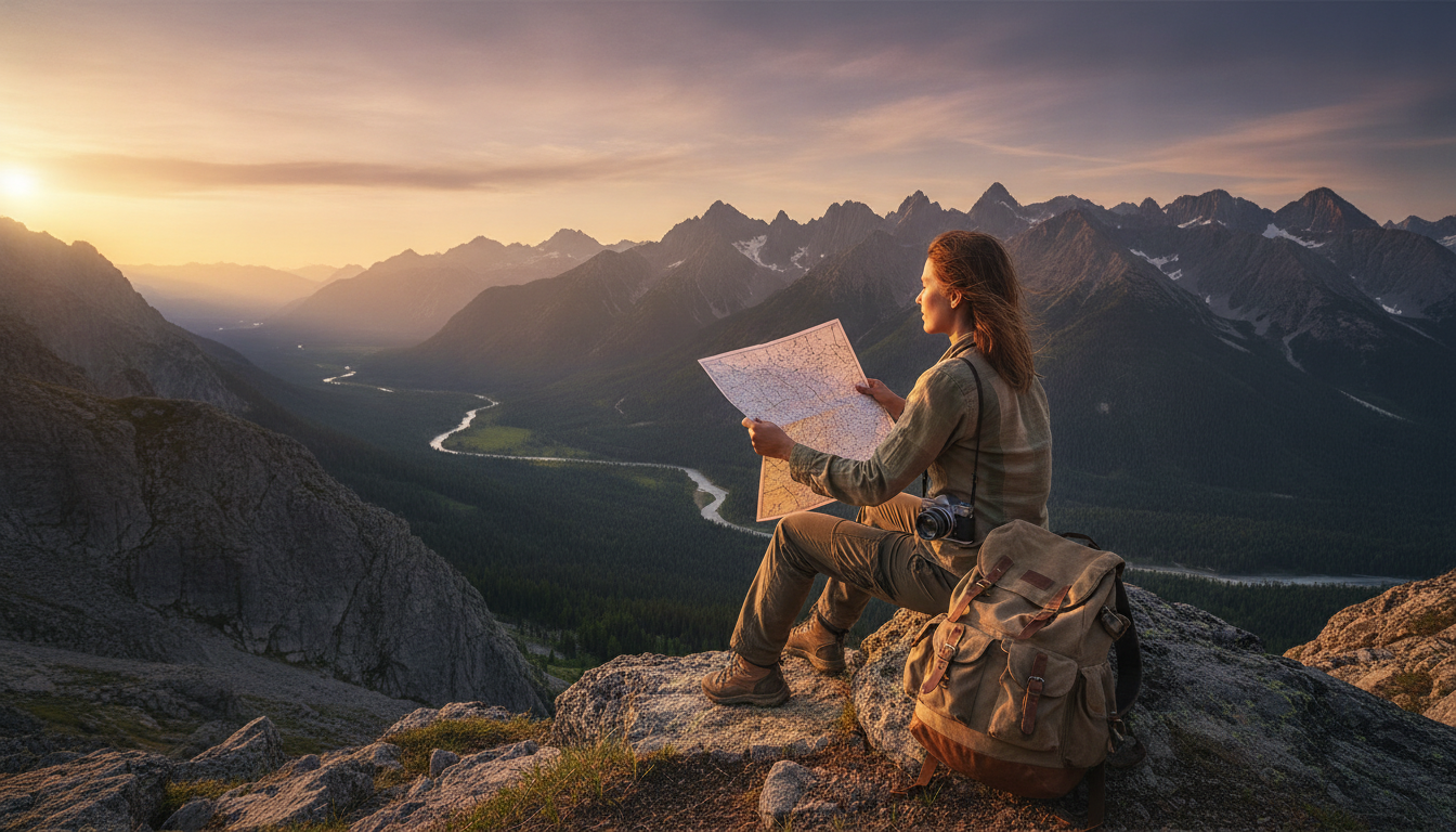 Solo traveler enjoying budget adventure with scenic view and natural lighting
