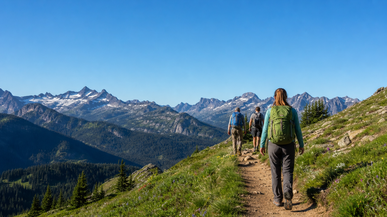 Budget-conscious hikers exploring natural landscape with minimal gear