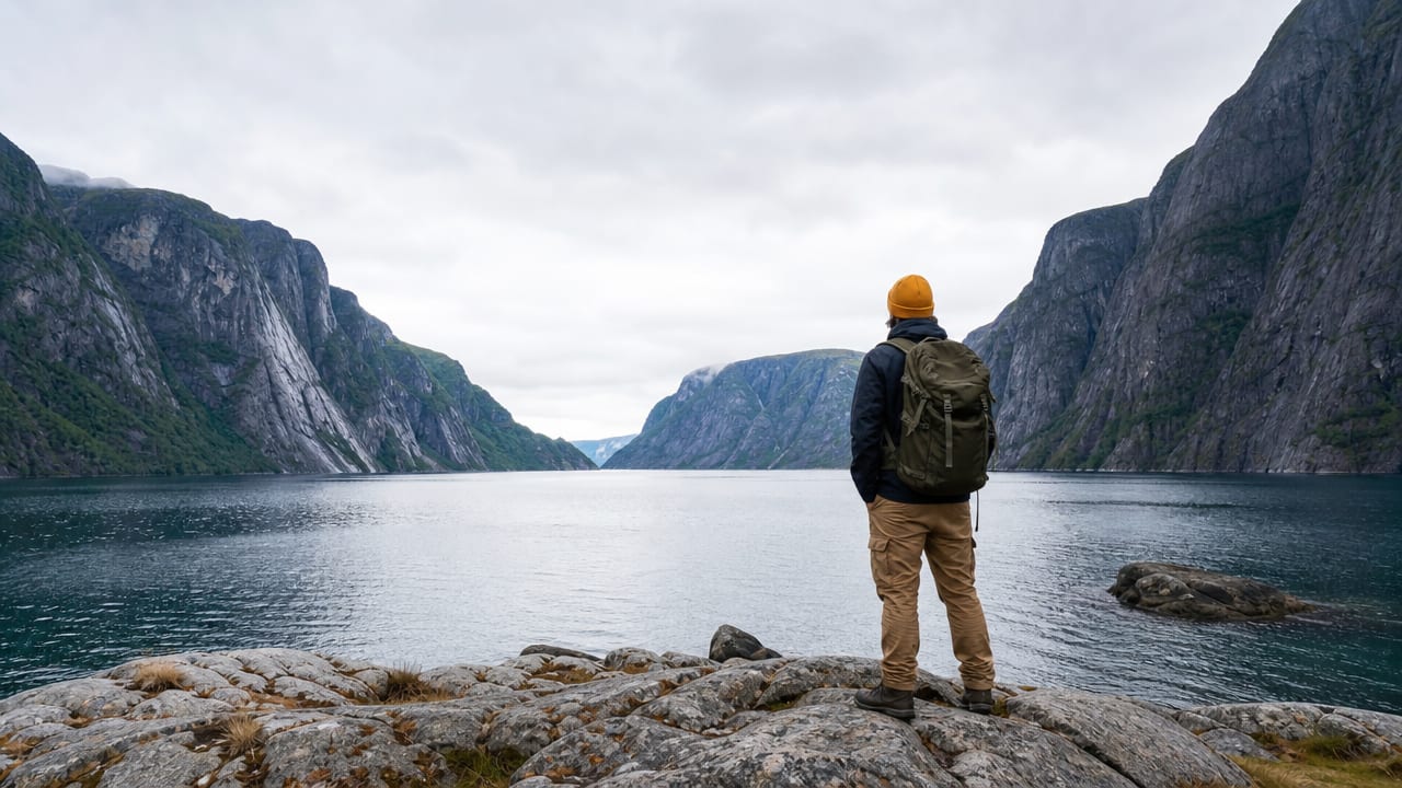 Solo traveler gazing at calm fjord waters from rocky shore with cliff walls