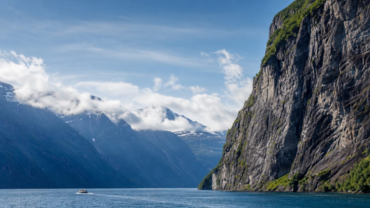 Steep fjord cliffs and deep blue water with distant boat and mountains