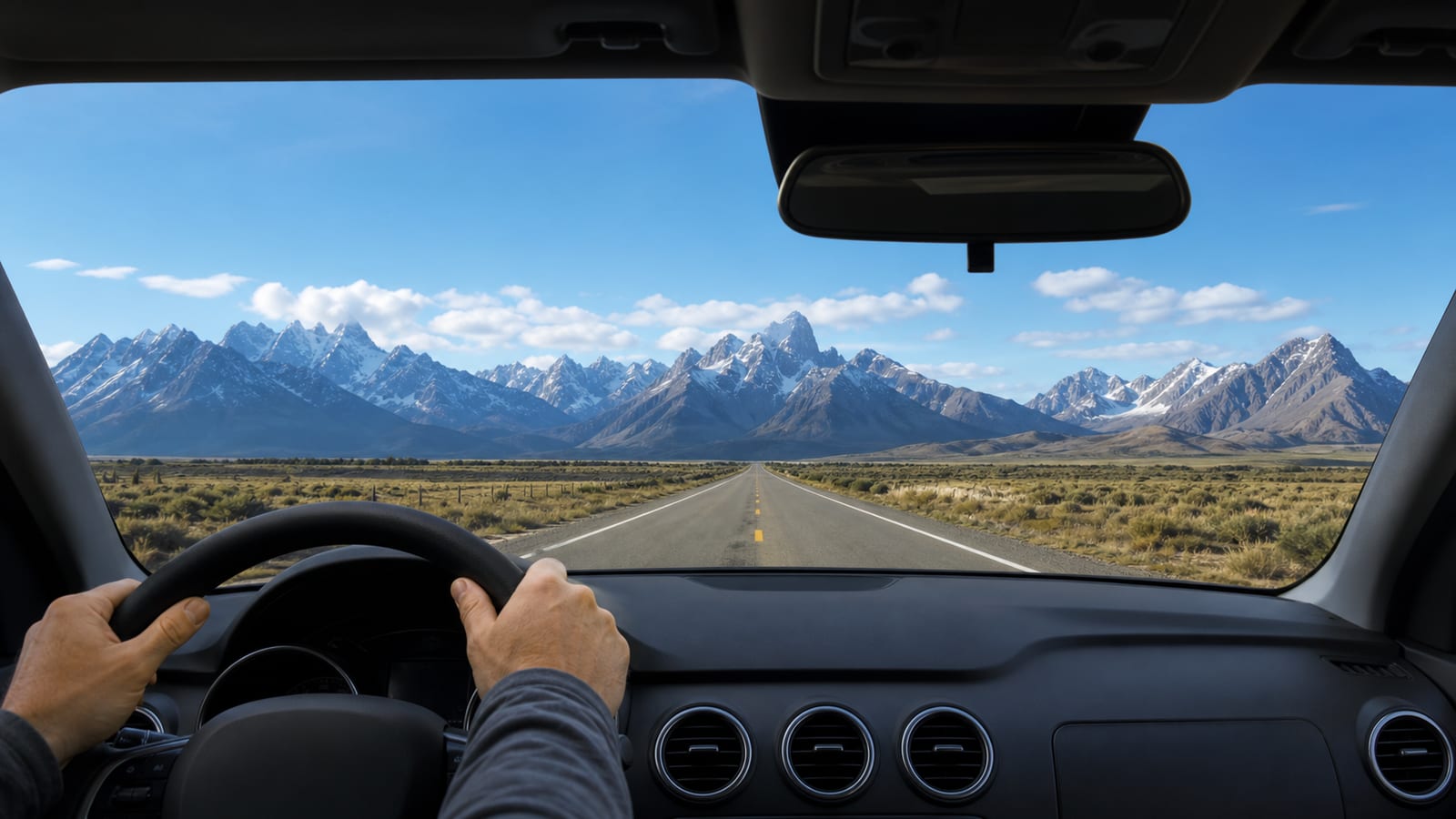 Driver's view from inside car looking out at mountain road stretching ahead