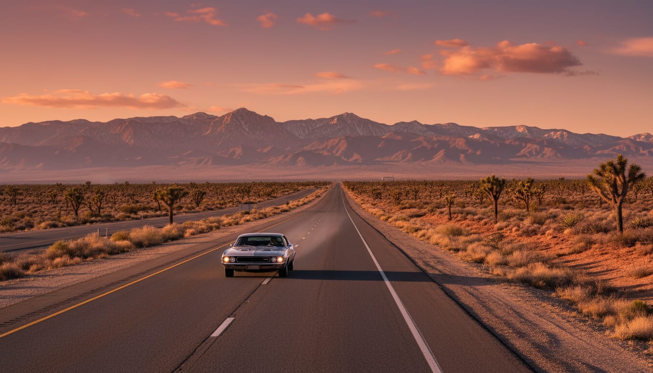 Car on open highway with distant mountains under clear sky
