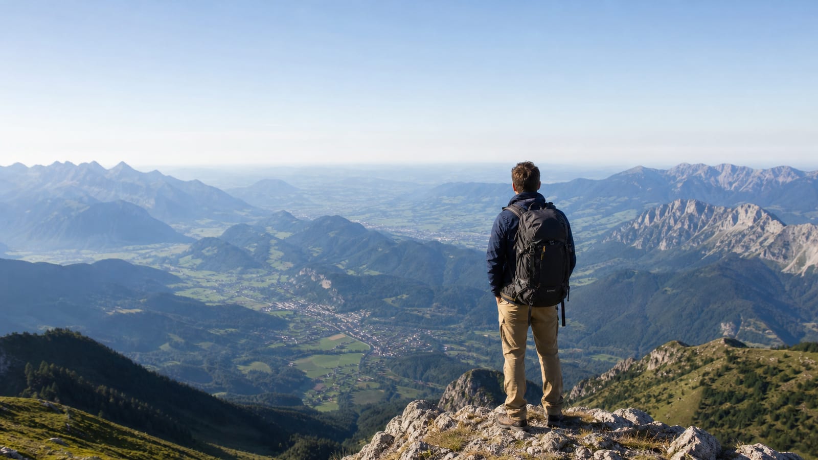 Hiker in hiking clothes gazing across a sprawling mountain valley from a high vantage point