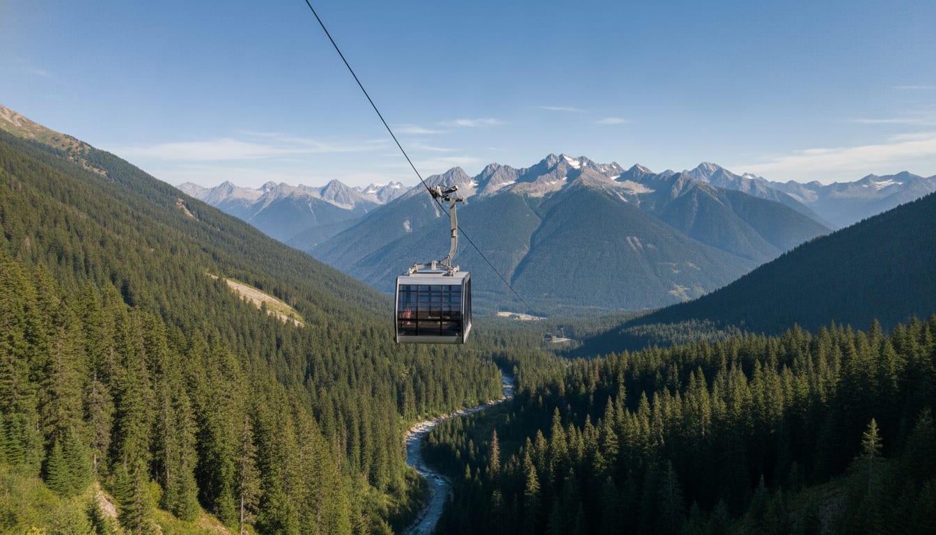 Gondola cabin rising above forested mountainside with distant peaks visible