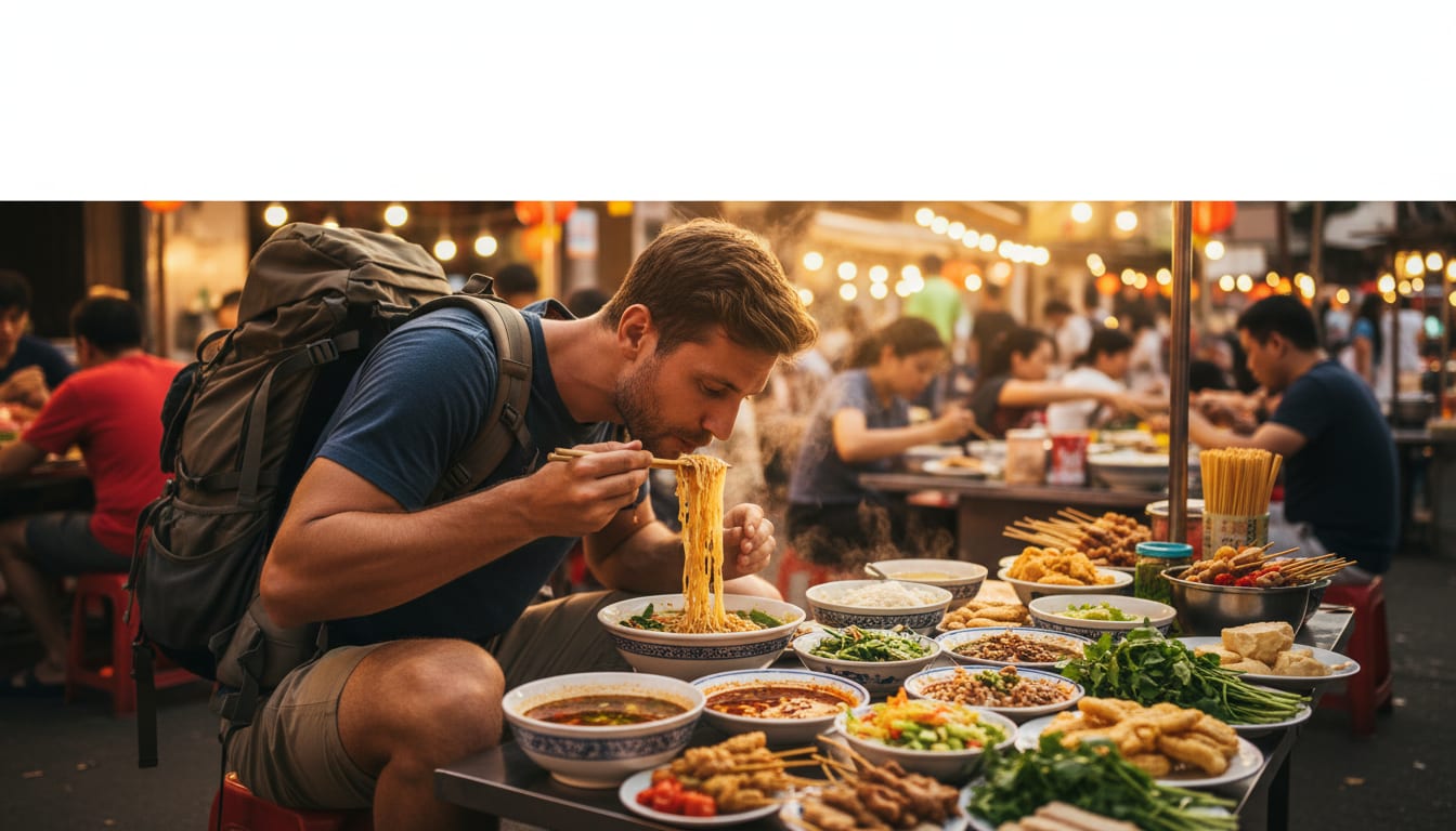 Solo traveler enjoying street food at an outdoor market stall in evening light