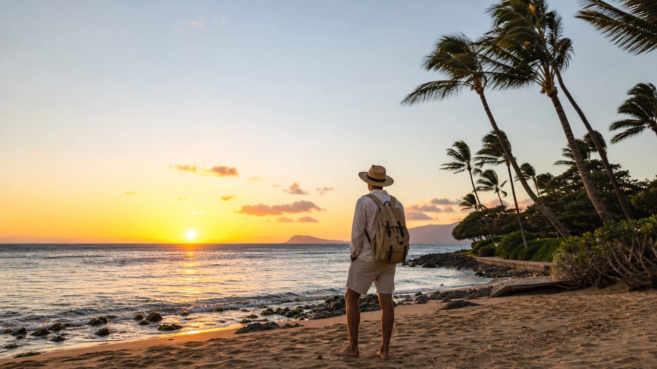 Solo traveler on a sandy tropical beach at golden hour with gentle waves