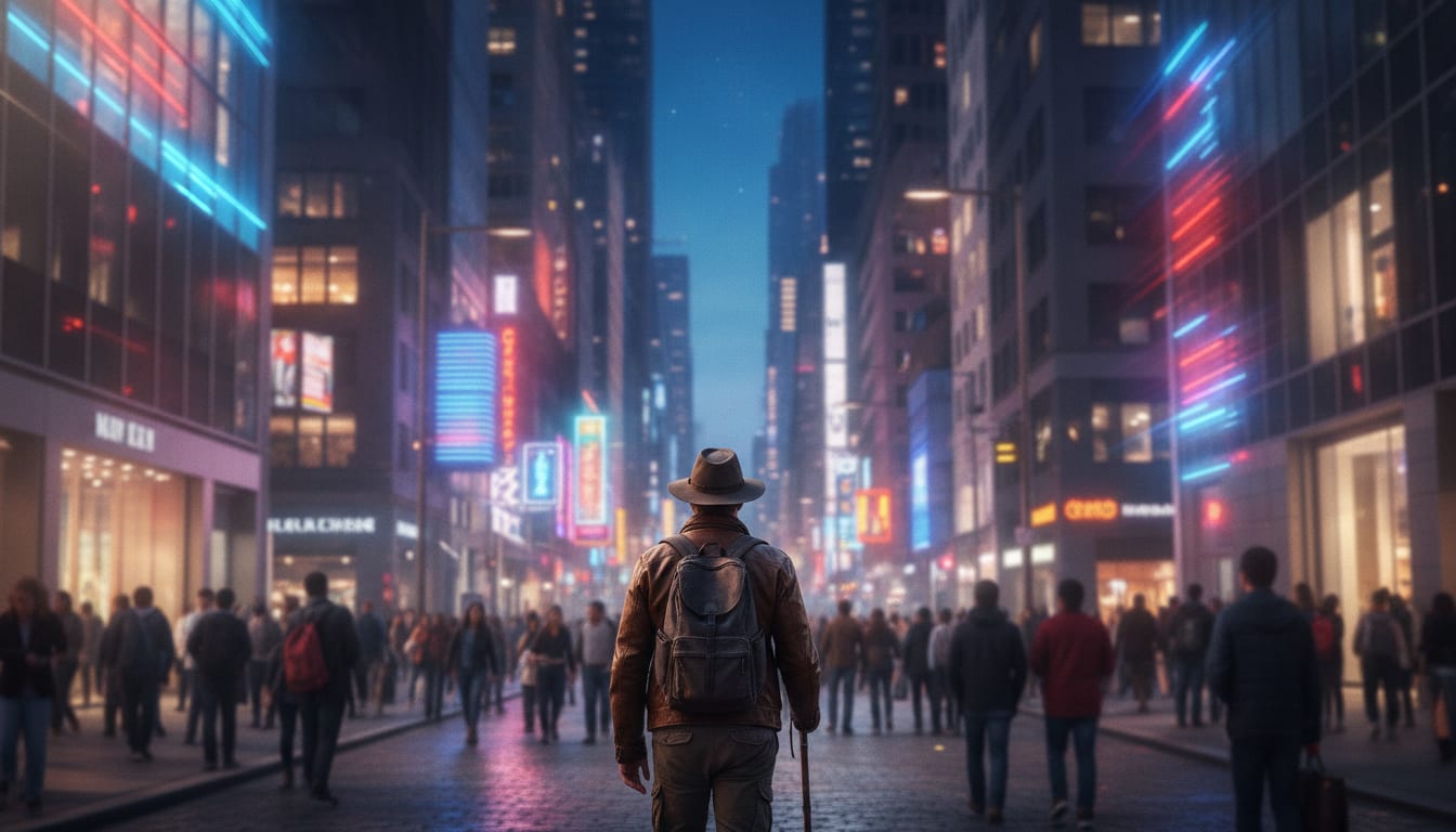 Solo traveler navigating a busy urban shopping area with modern cityscape