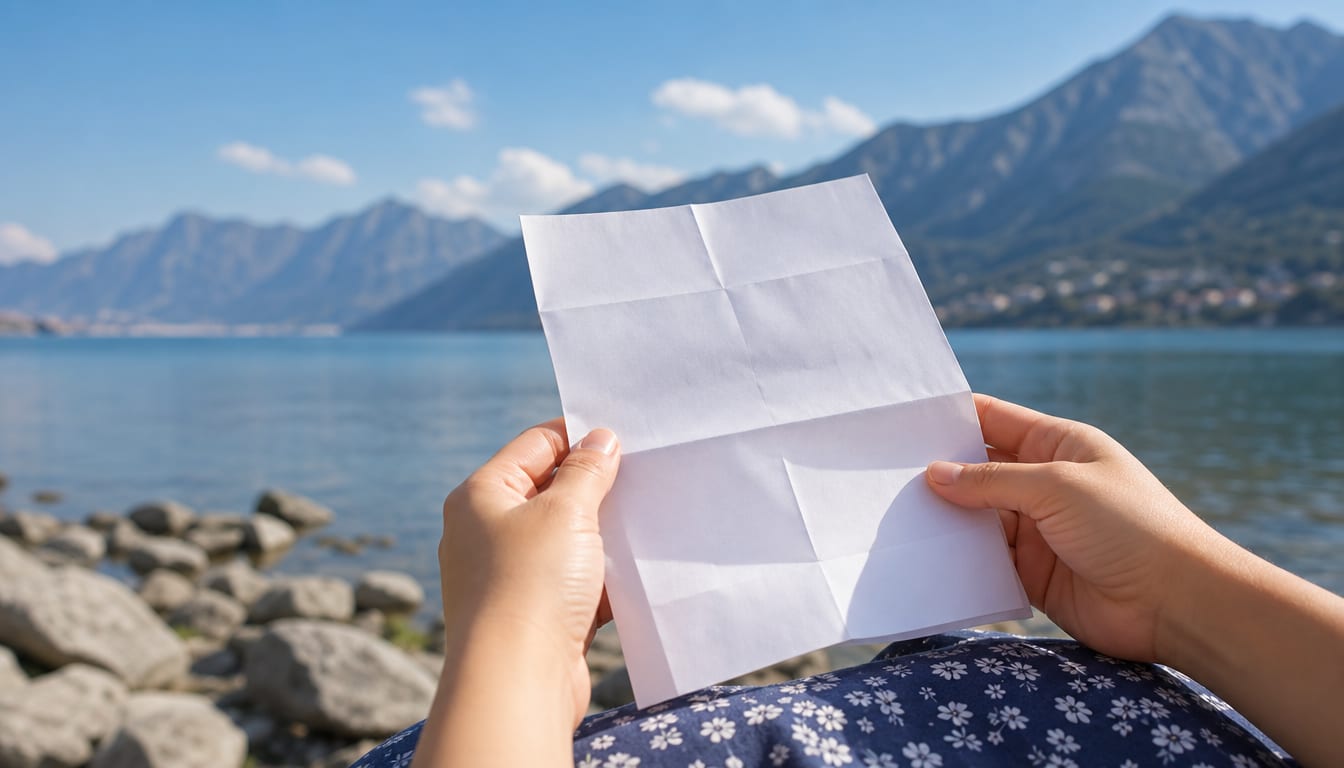 Hands holding medical receipt and insurance documents with travel backdrop