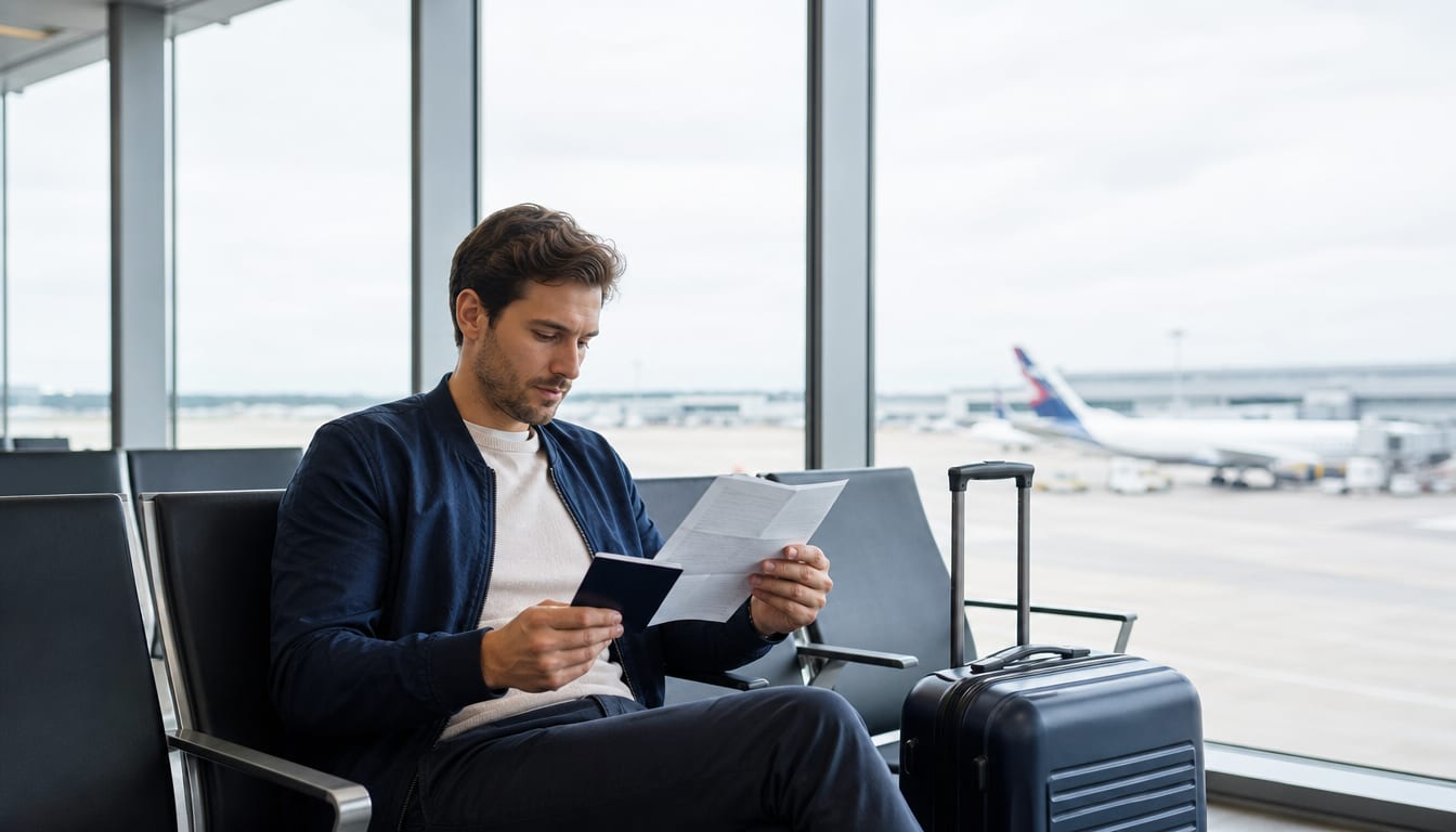 Traveler examining insurance paperwork with passport and luggage in airport setting