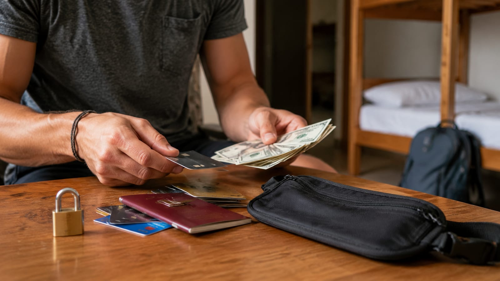 Hands organizing travel documents and cash with a money belt and padlock on a table