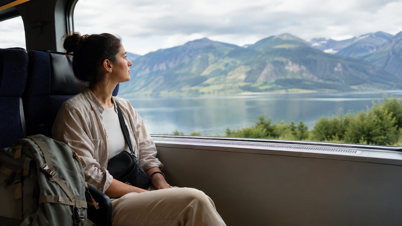 Solo traveler on overnight bus or train with secured backpack and personal belongings visible