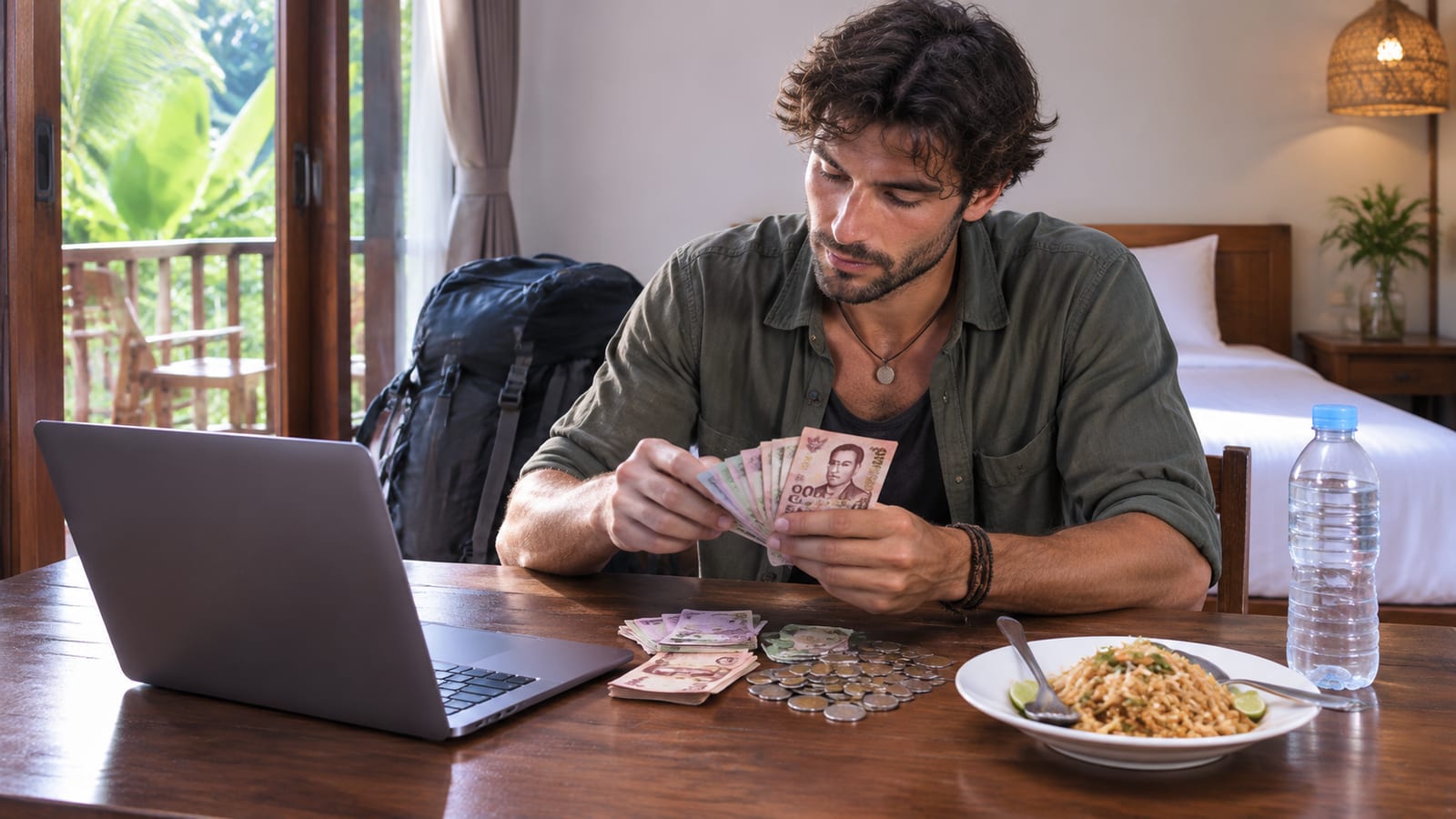 Backpacker budgeting money at a guesthouse desk in Thailand