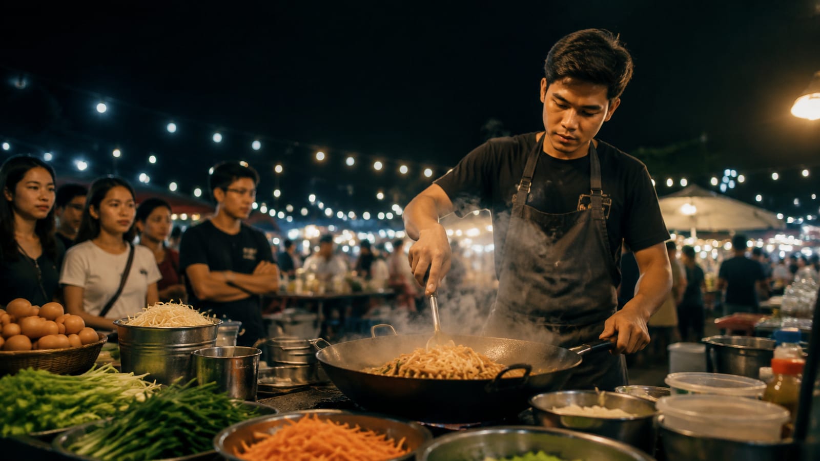 Street food vendor cooking at a Thai night market food stall