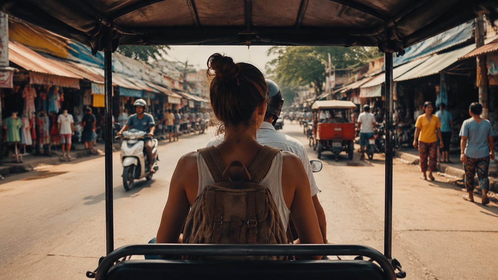 Traveler on local transportation navigating a busy Thai street