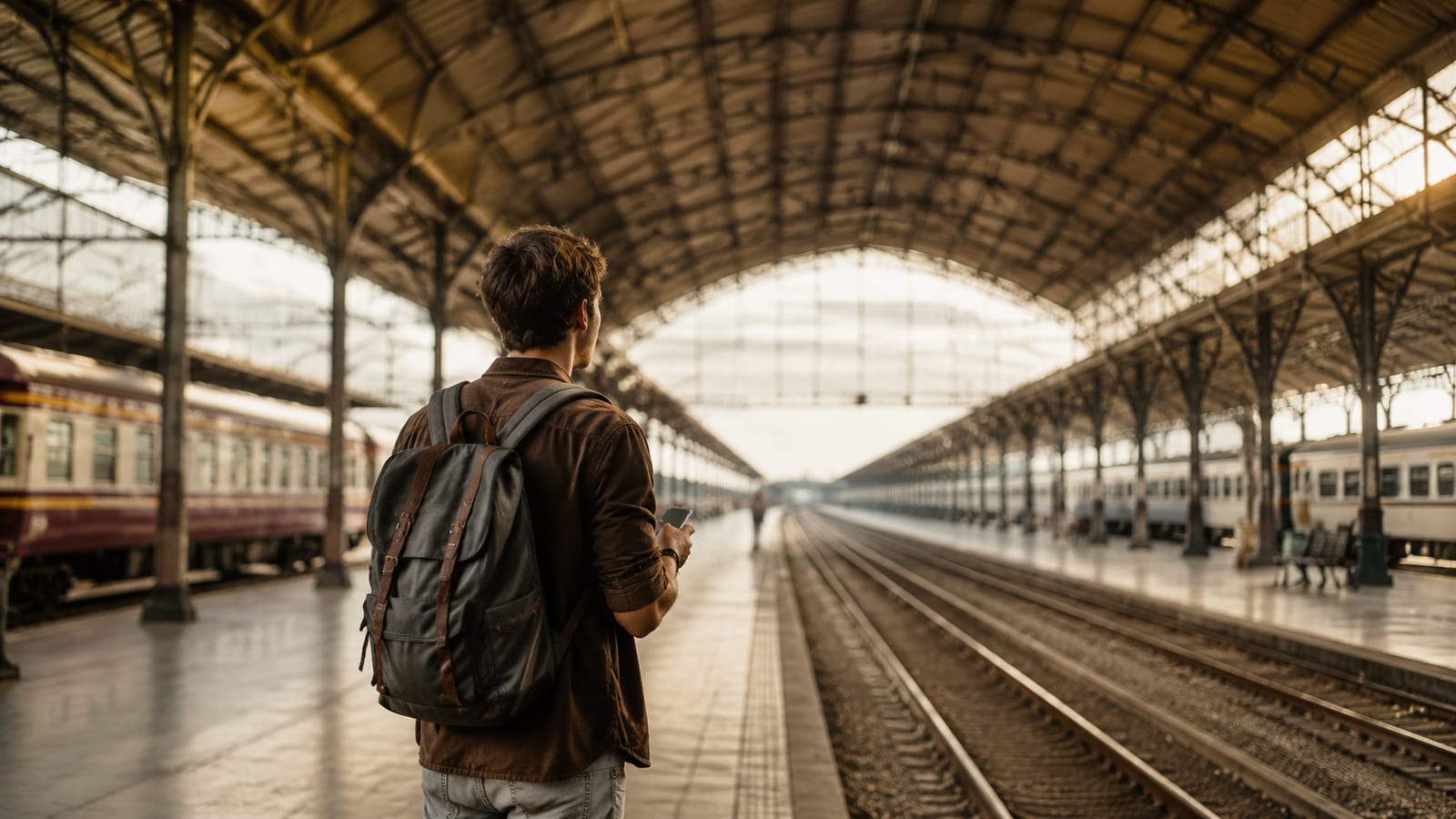Solo traveler checking train departure board on smartphone at railway station platform