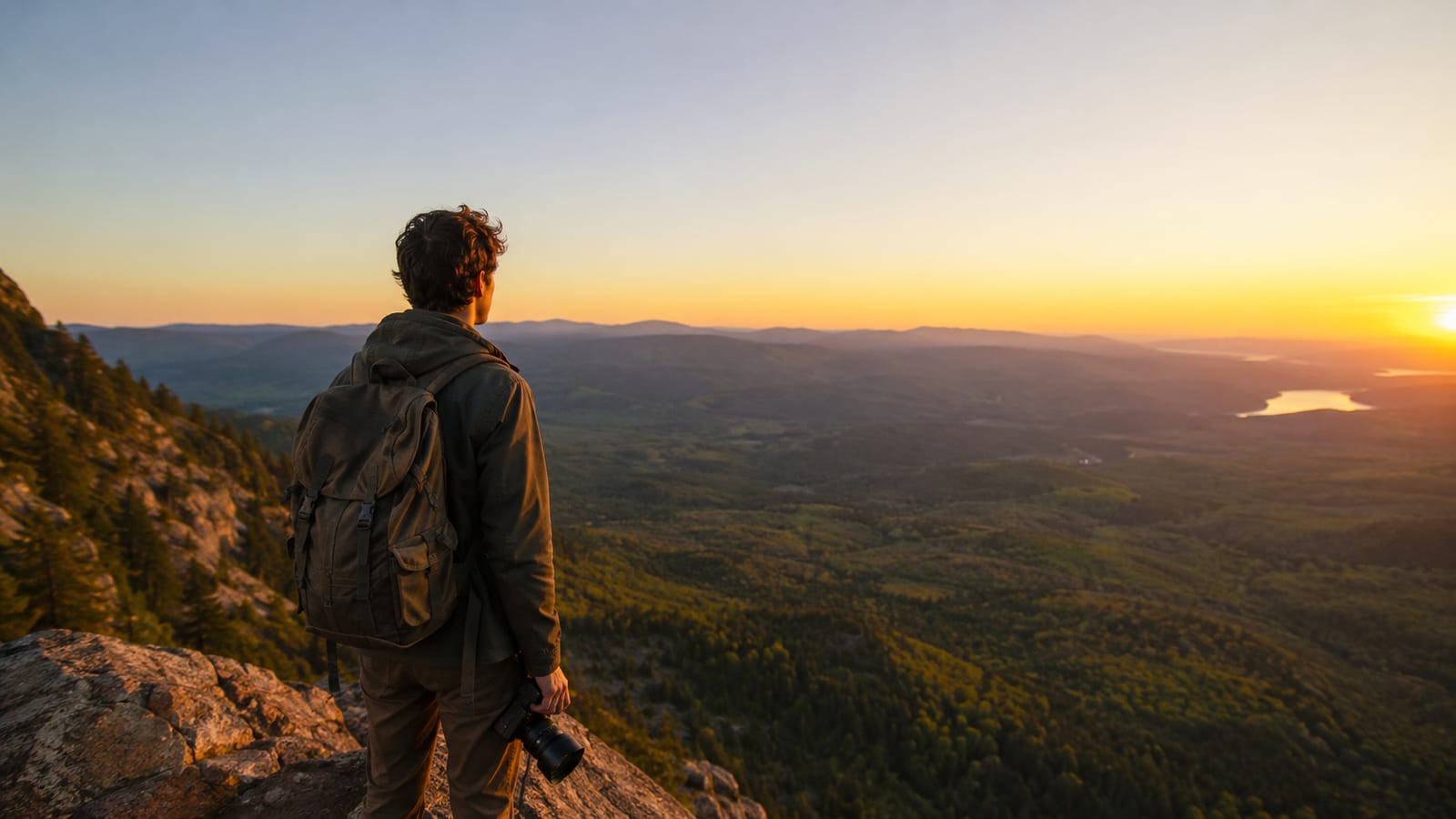 Solo traveler with backpack overlooking expansive mountain valley at golden hour