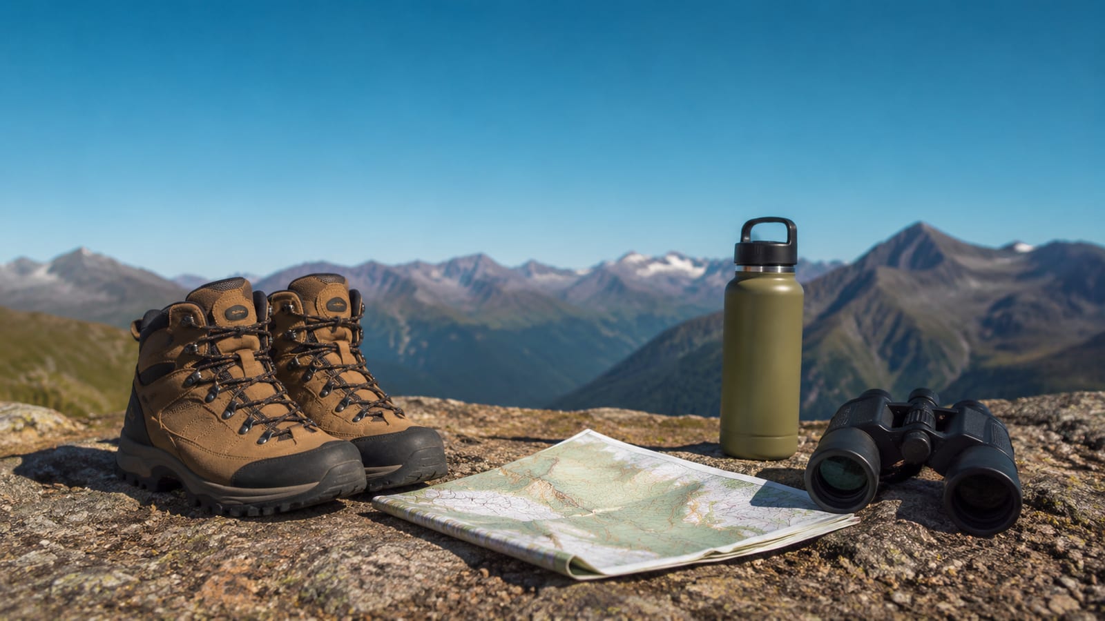 Essential outdoor gear and hiking equipment laid out on rocky terrain