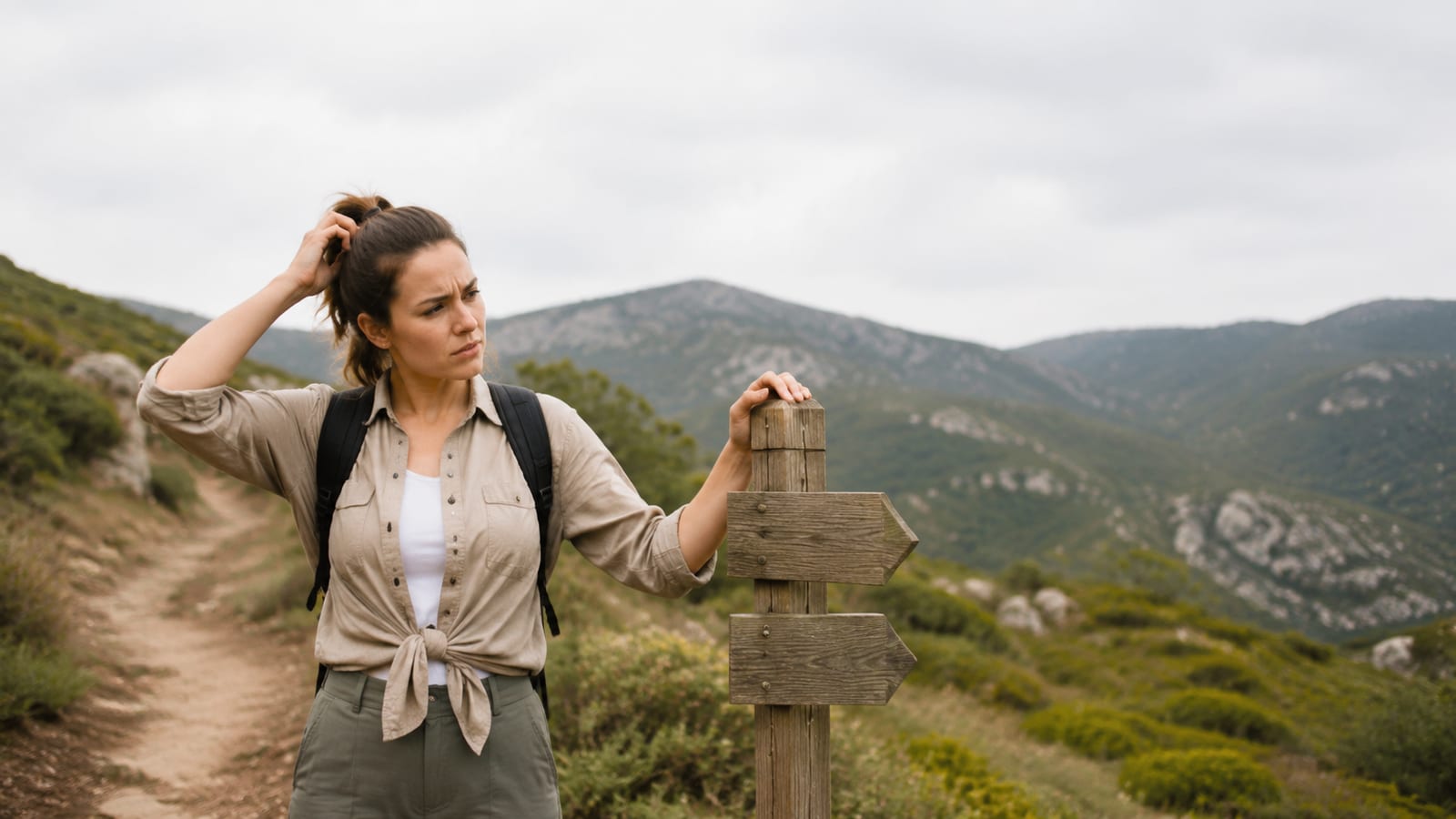 Hiker studying trail directions in wilderness setting, appearing uncertain about route