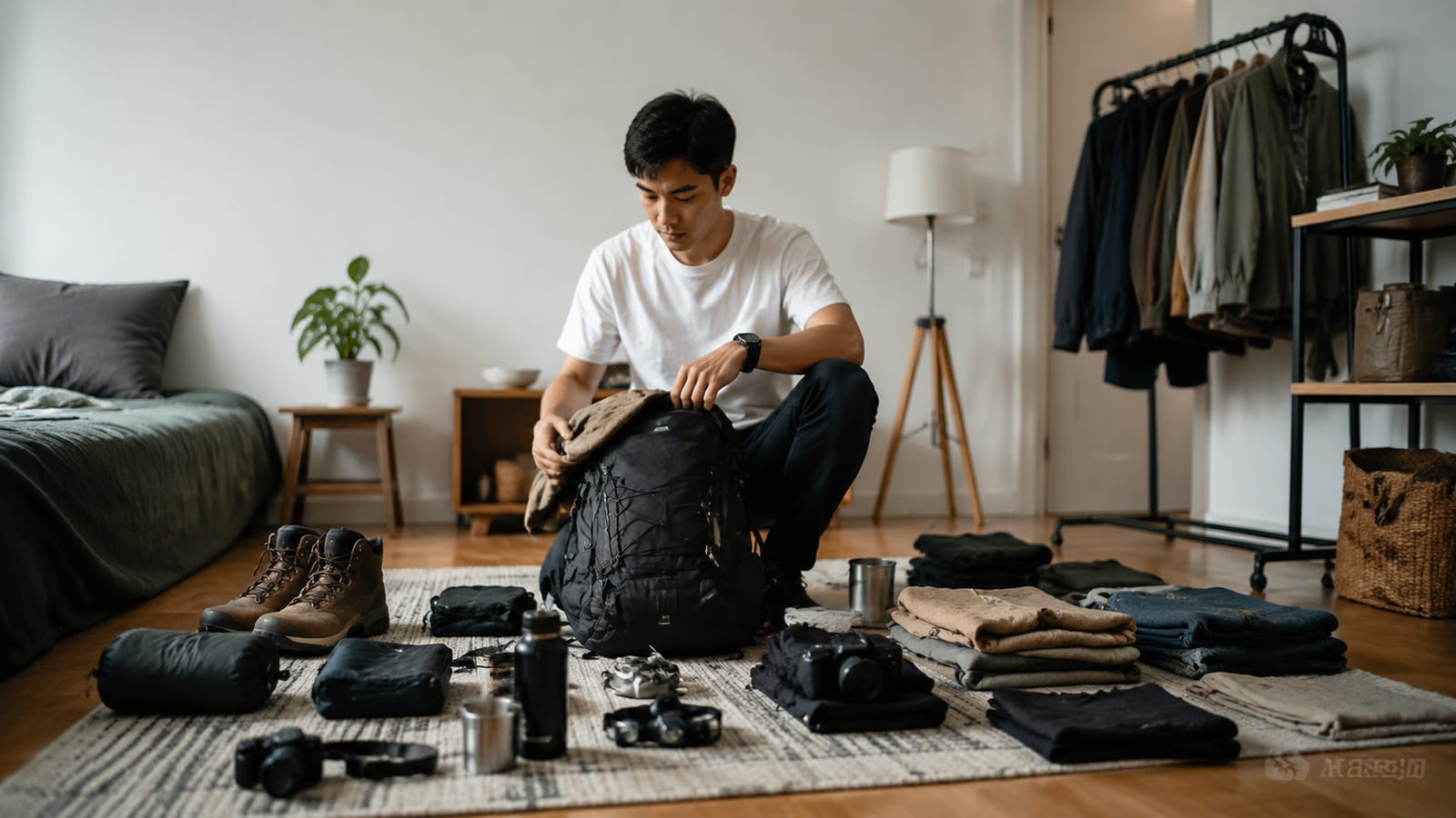 Person packing backpack with travel documents and essentials in apartment