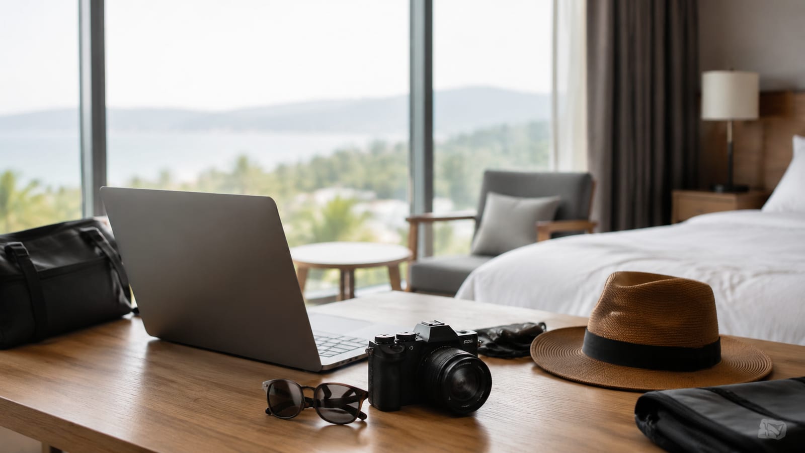 Laptop and travel gear on a hotel room table with natural window light
