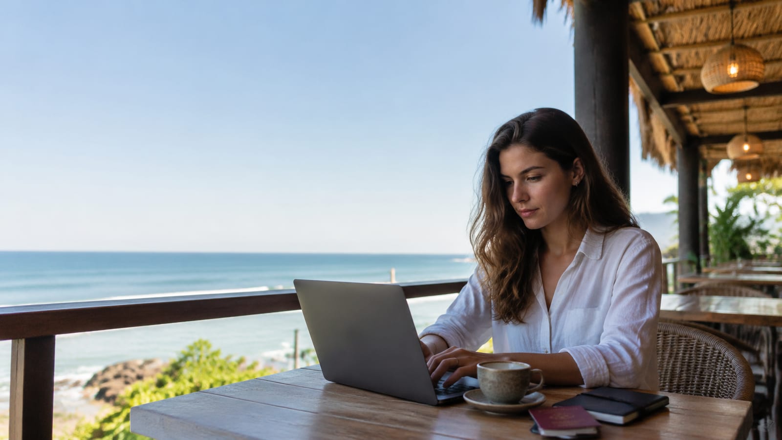 Digital nomad working on laptop at cafe with passport and coffee