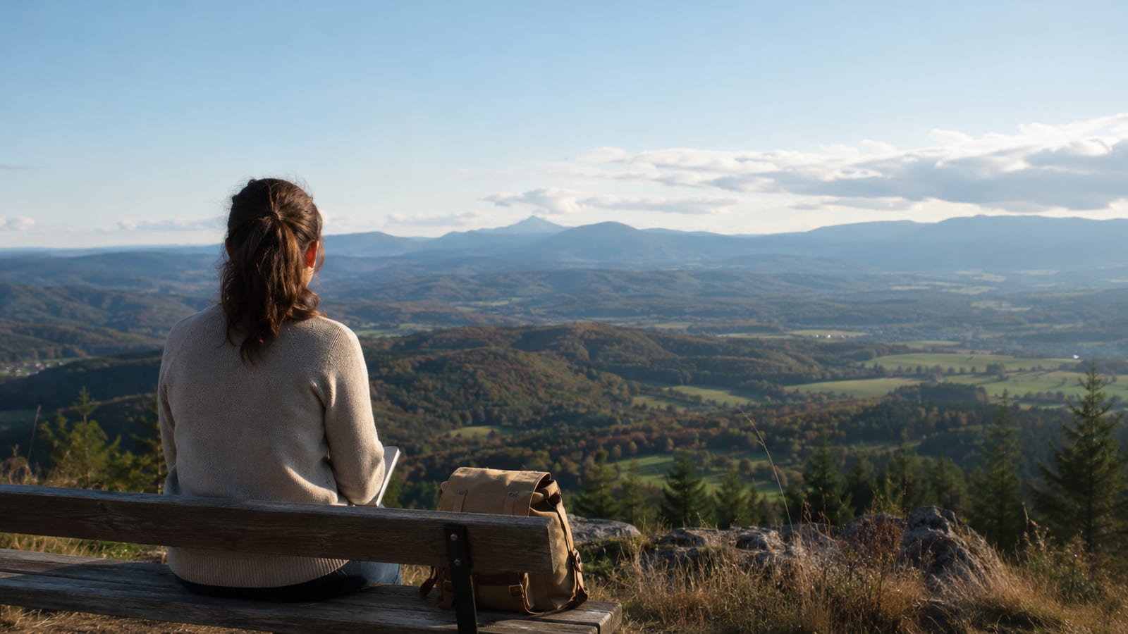 Traveler sitting on bench overlooking landscape, viewed from behind
