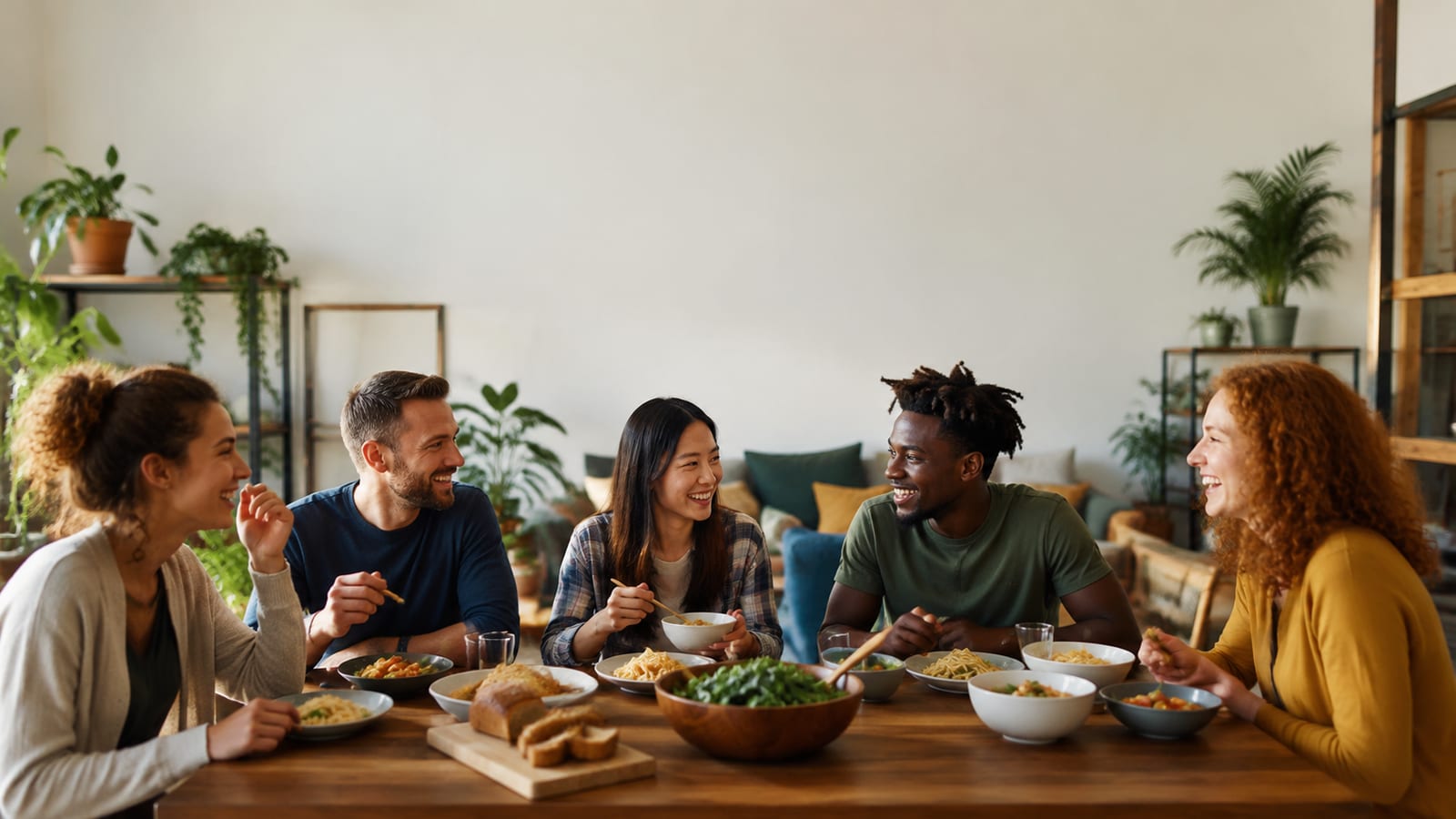 Group of travelers sharing meal and conversation at communal dining table
