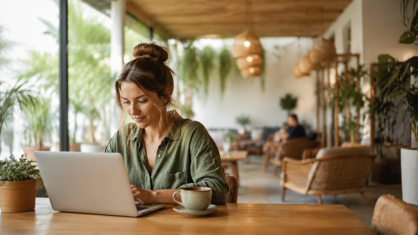 Person working at desk in co-working space with coffee and laptop