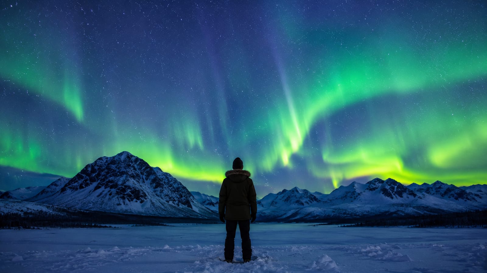 Northern lights aurora borealis shimmering across night sky above snowy terrain and mountain silhouettes