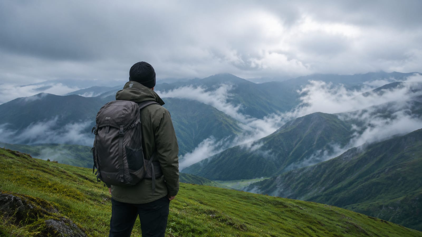 Solo traveler on Irish hillside in weather-appropriate clothing, misty mountains in distance