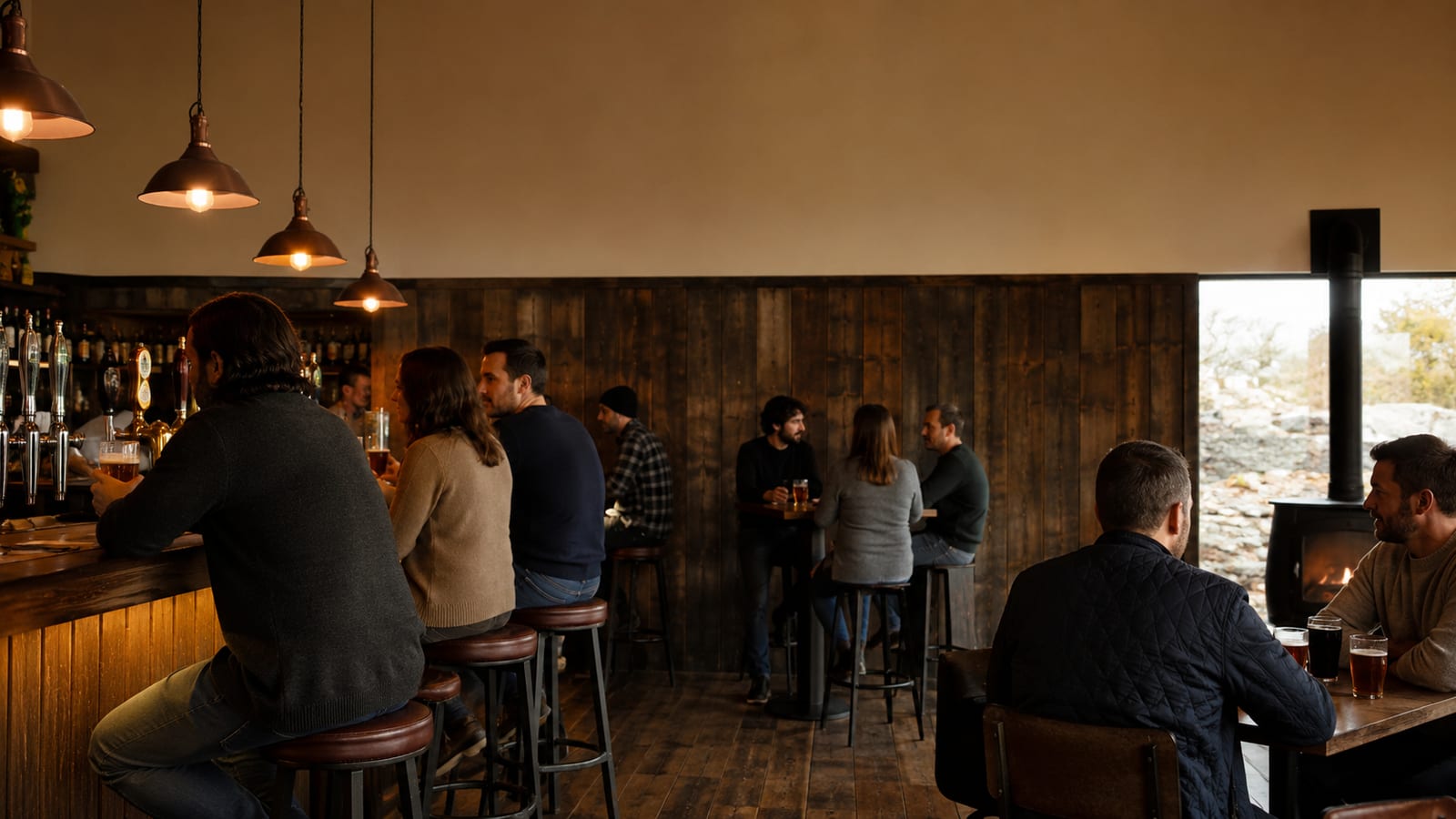 Warm pub interior with patrons socializing, traditional atmosphere with wooden fixtures and soft lighting