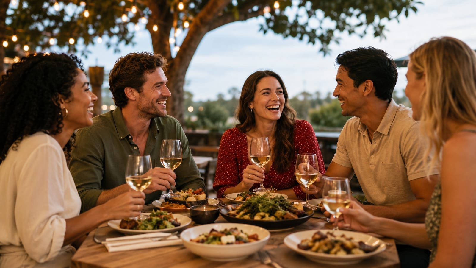 Five friends enjoying what to do in san francisco at an outdoor dinner table with wine