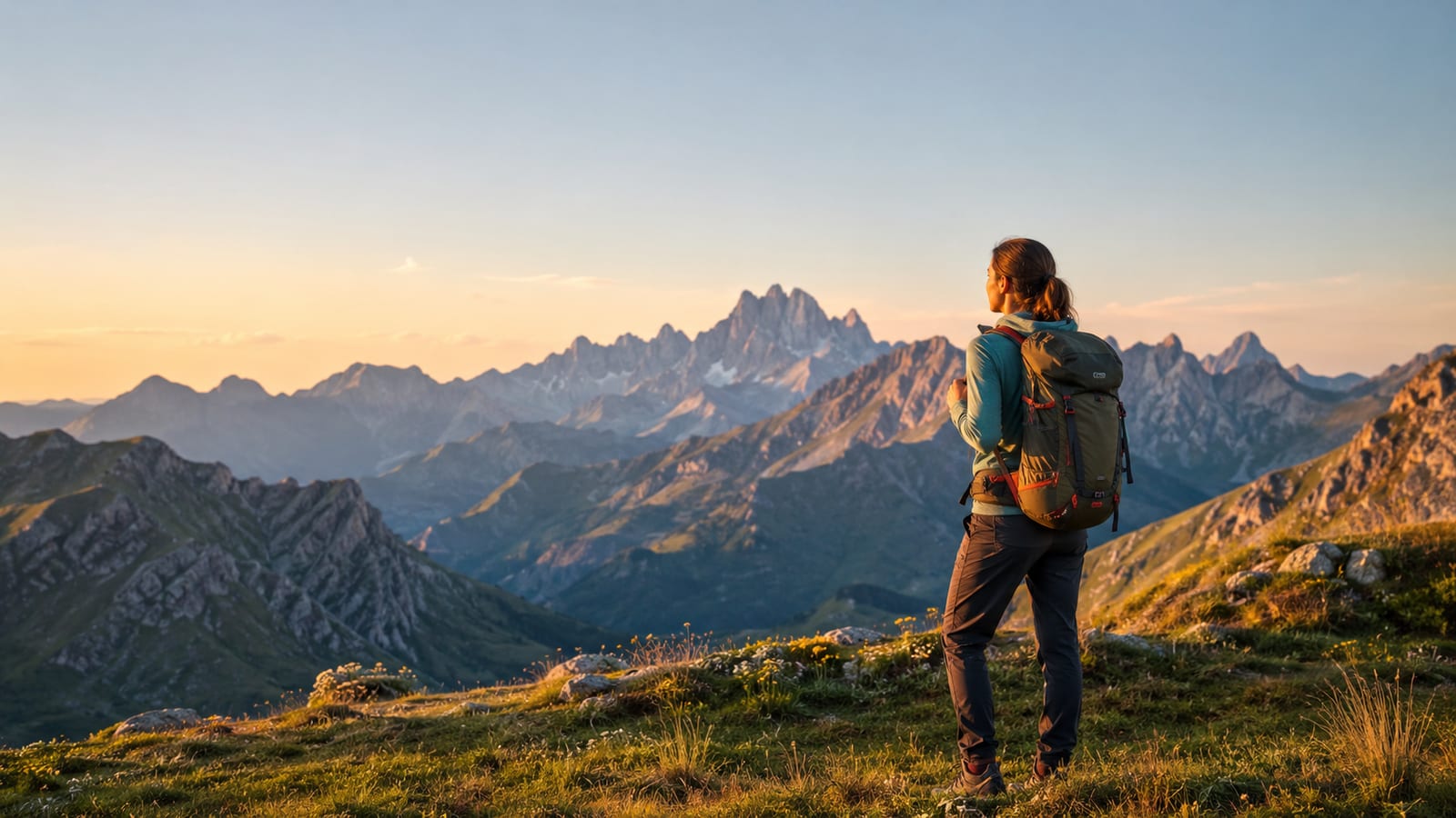 Hiker with backpack overlooking jagged Dolomite peaks at golden hour sunset