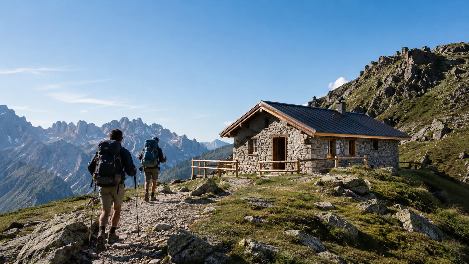 Two hikers approaching a stone mountain hut with dramatic Dolomite peaks behind them